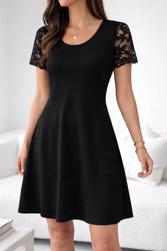 Kadın Kısa Kollu Yuvarlak Yakalı Kolu Dantelli Kısa Viıskon Elbise, 33045 – 2XL