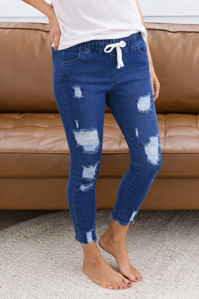 Kadın Yüksek Bel Beli Bağcıklı önden Yırtık Desenli Kot Pantolon , 32294 – S