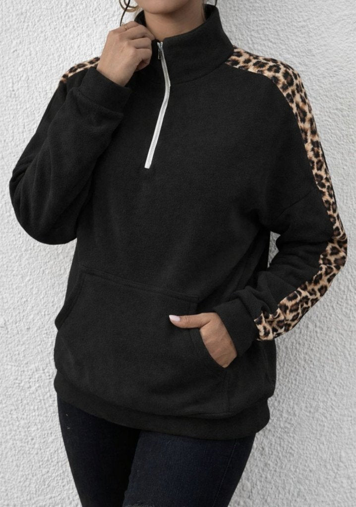 Kadın Uzun Kollu Balıkçı Yaka önden Fermuarlı Leopar Detaylı Polar Bluz, 30689 – S