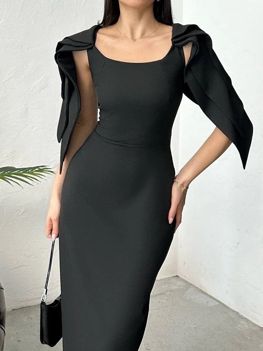 3077 ELBİSE - BLACK - SİYAH – Siyah, S