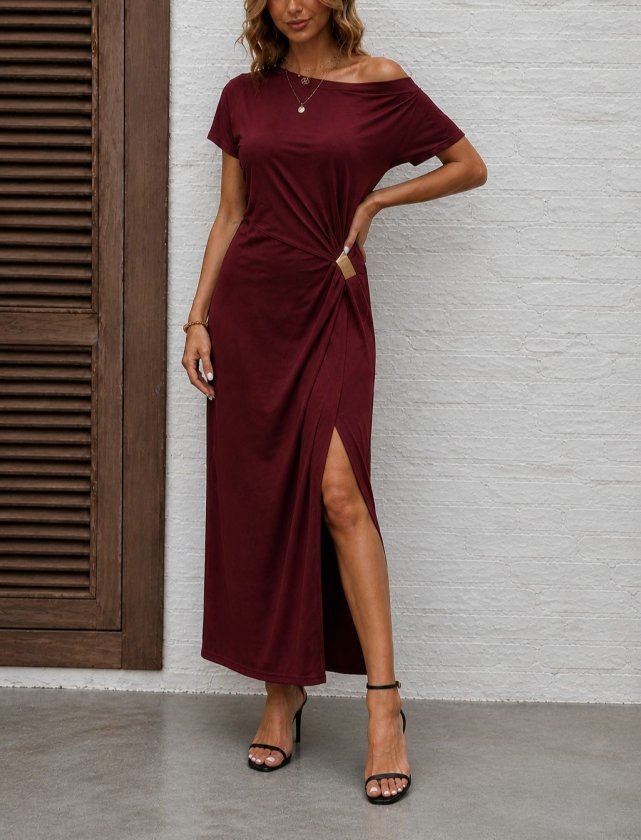 Kadın Kısa Kollu Tek Omuzdan Açık Beli Lastikli Sandy Maxi Elbise , 34333 - Bordo