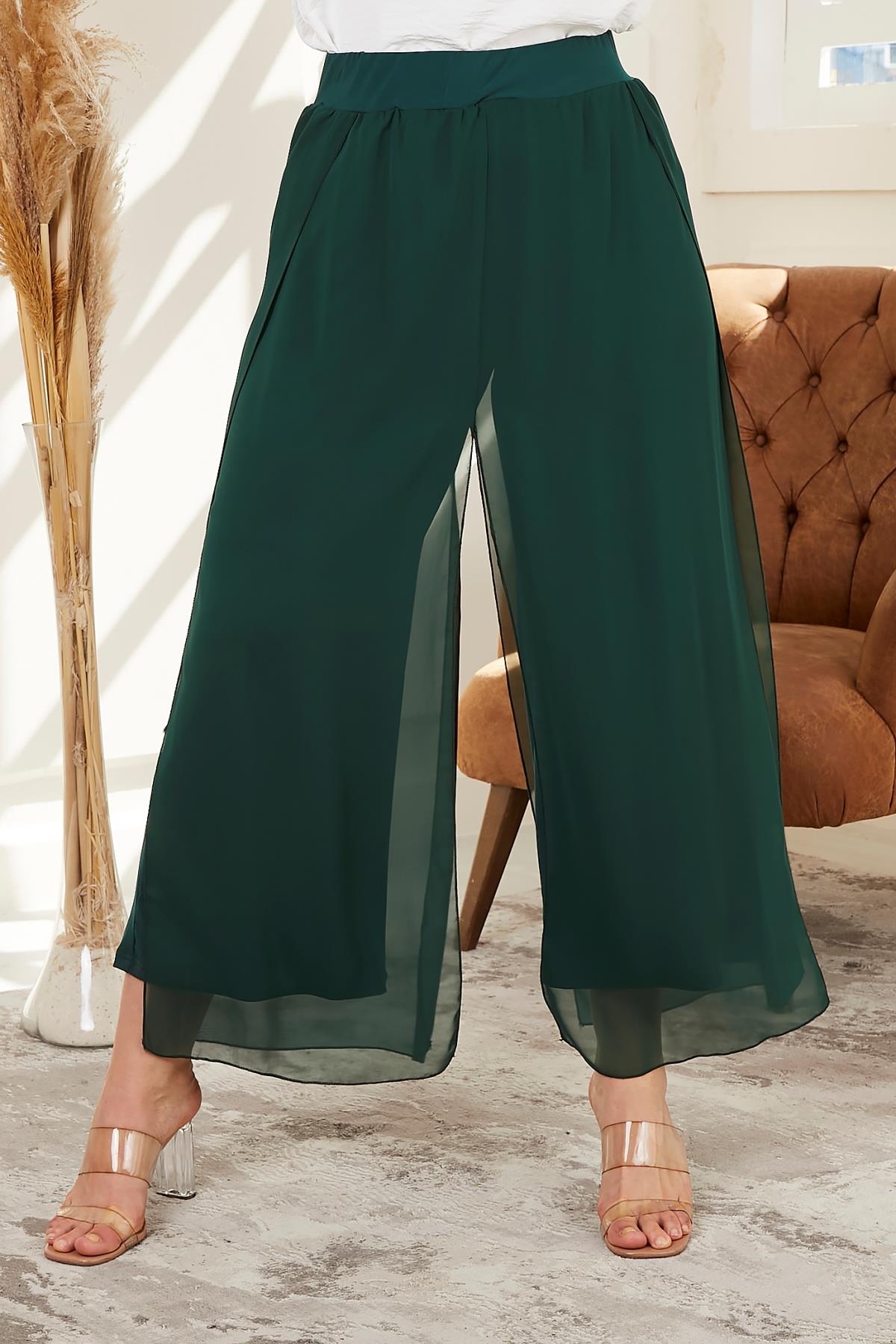 Beli Lastikli Büyük Beden Zümrüt Şifon Pantolon – 44