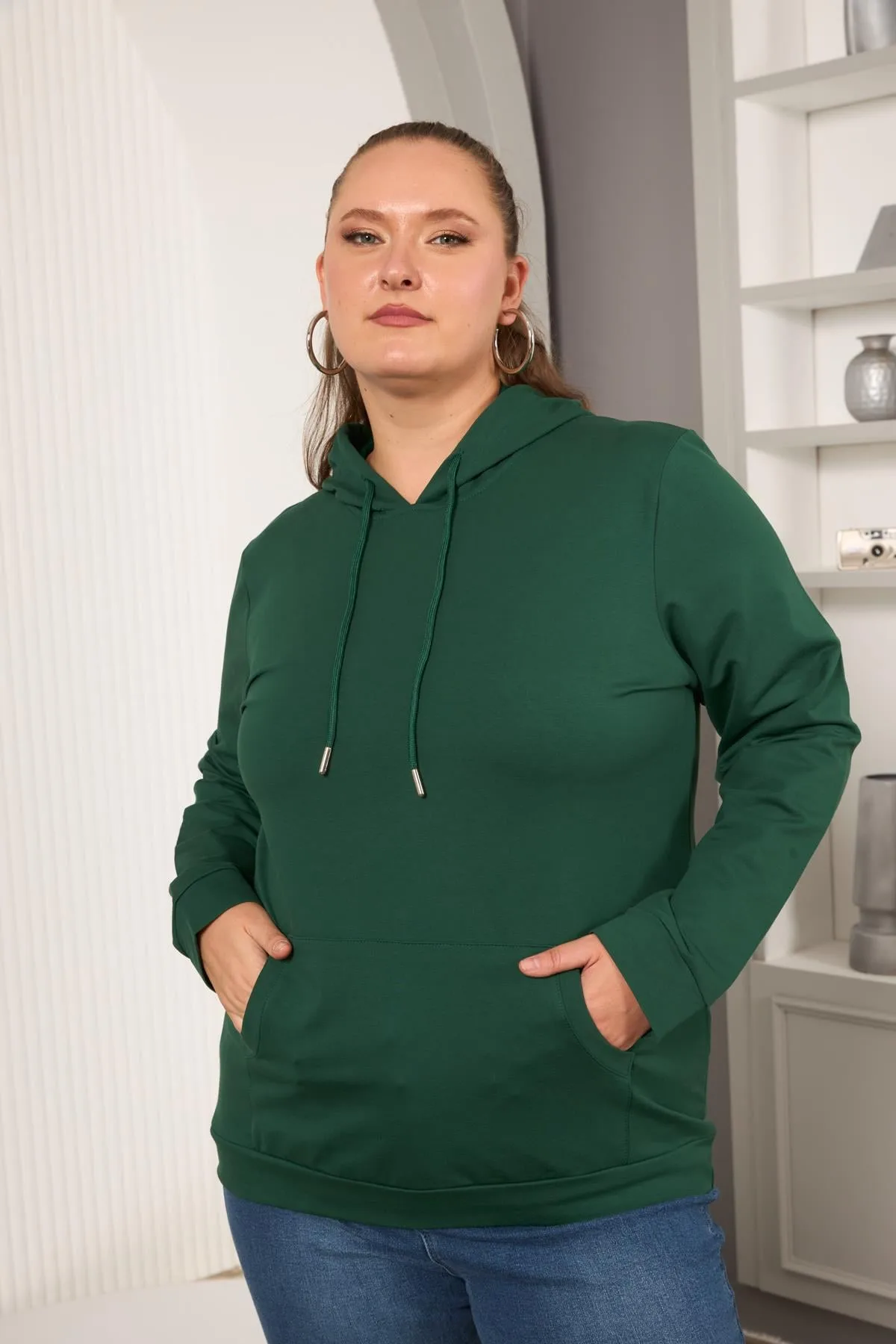 Kapşonlu Büyük Beden Sweatshirt Zümrüt – 44