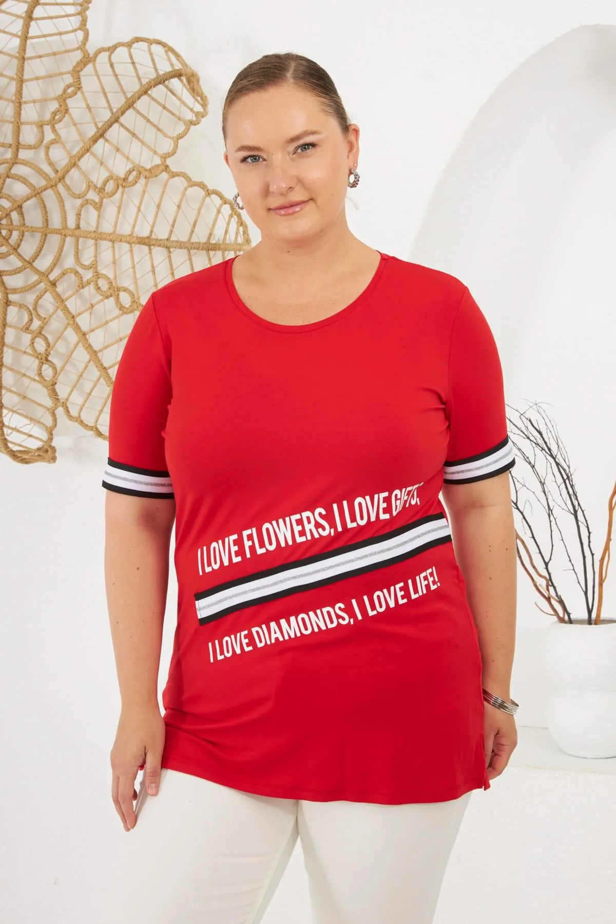 İ Love Baskılı Büyük Beden Tişört Kırmızı – 44