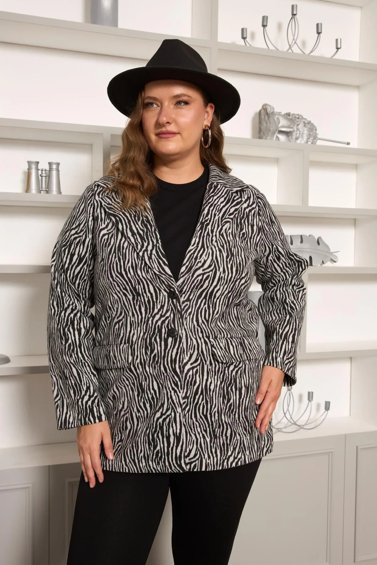Zebra Desenli Büyük Beden Ceket Gri – 44