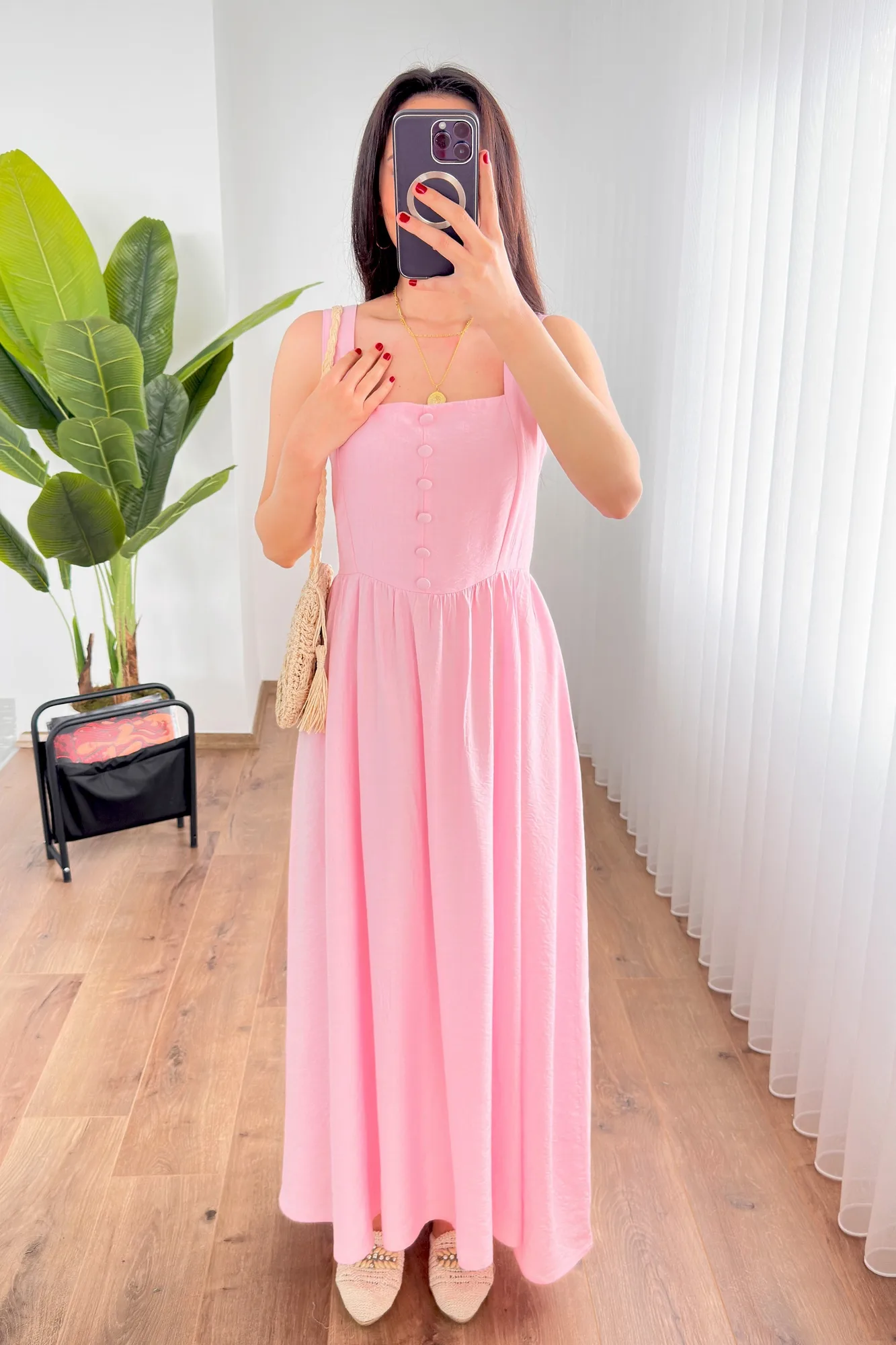 Kalın Askılı Uzun Toptan Pembe Elbise - Pembe – Pembe, S