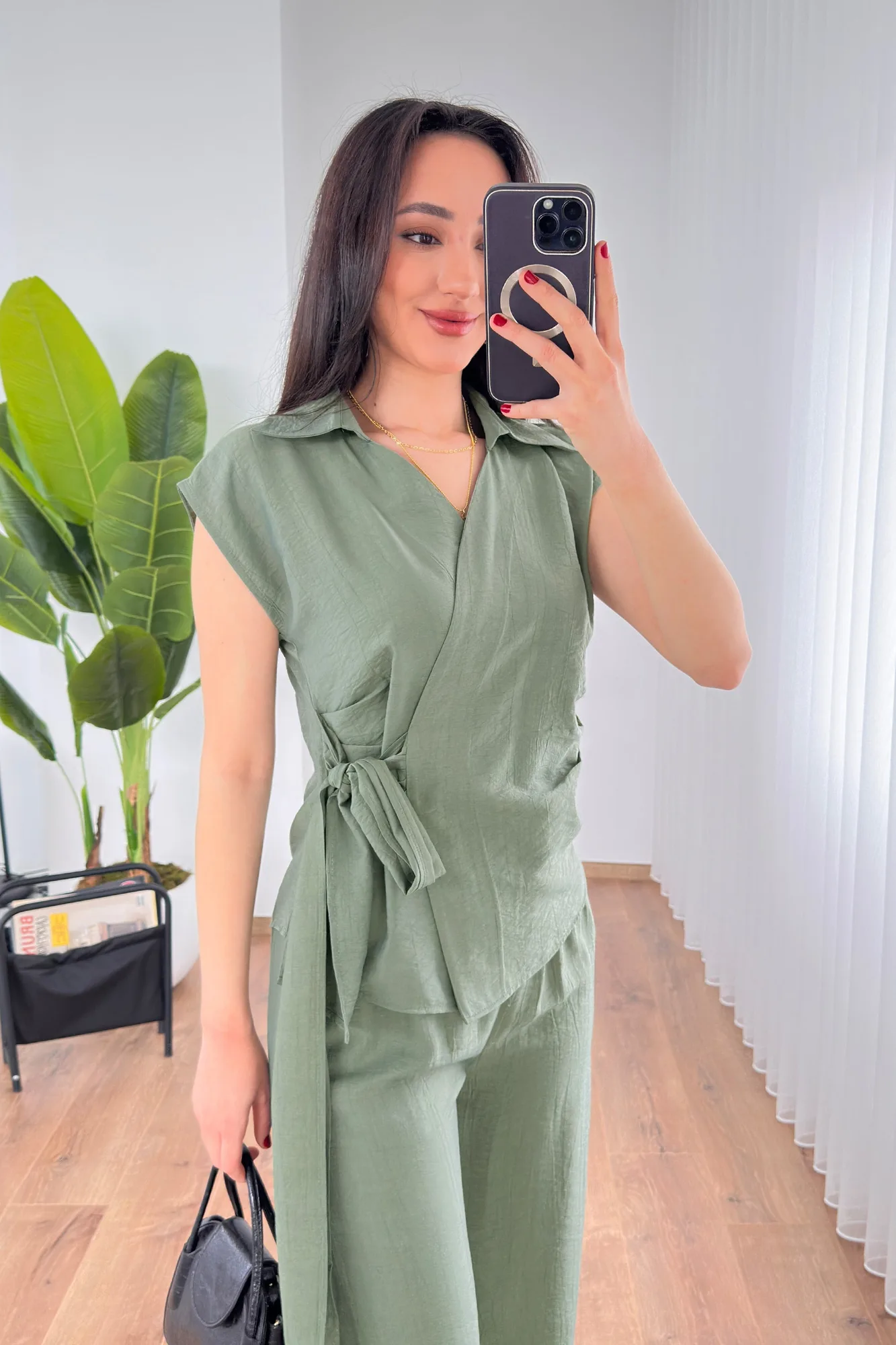 Beli Kuşak Bağlamalı Bluz Pantolon Toptan Haki Takım - Haki – Haki, S