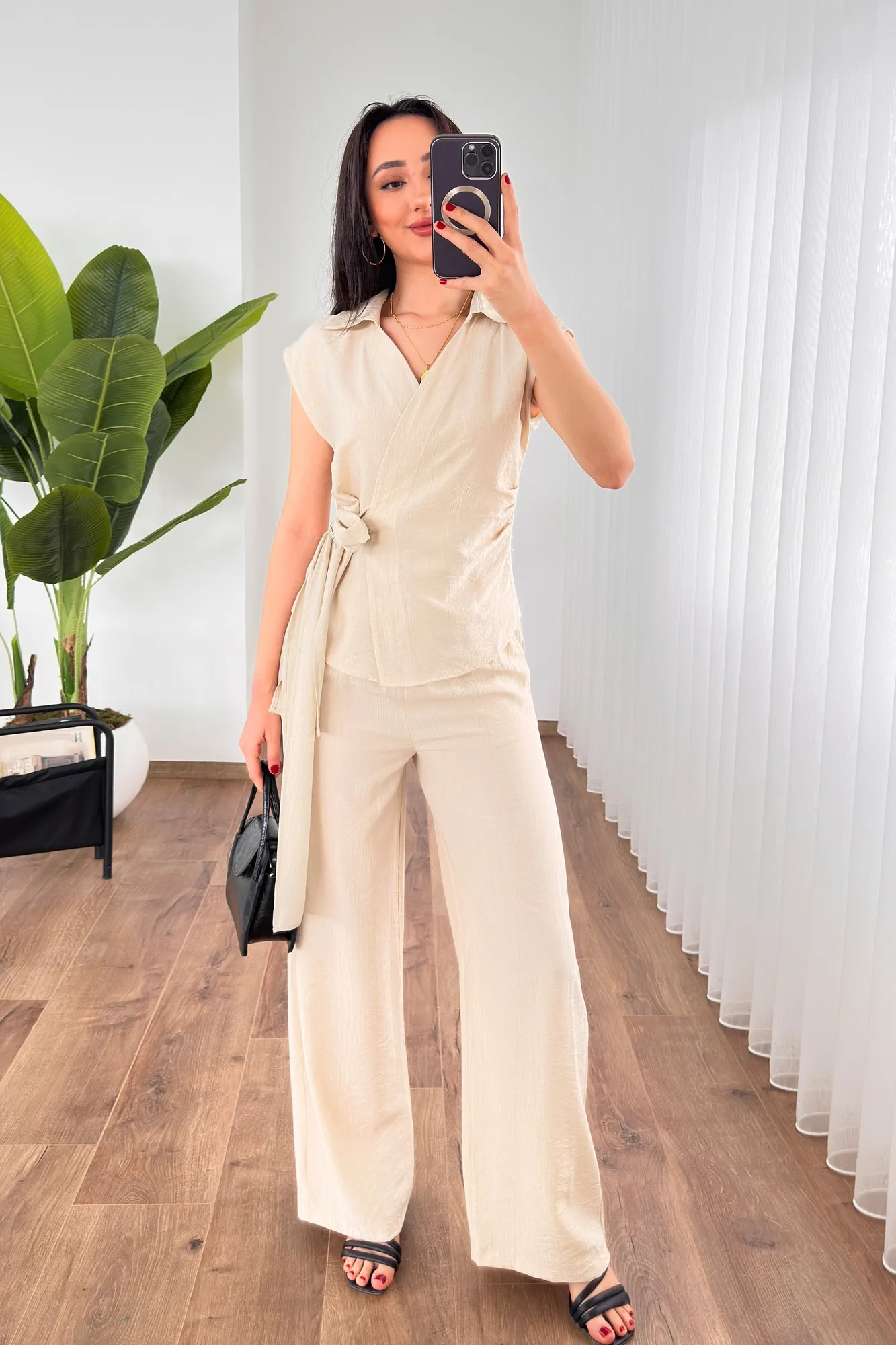 Beli Kuşak Bağlamalı Bluz Pantolon Toptan Bej Takım - Bej – Bej, S