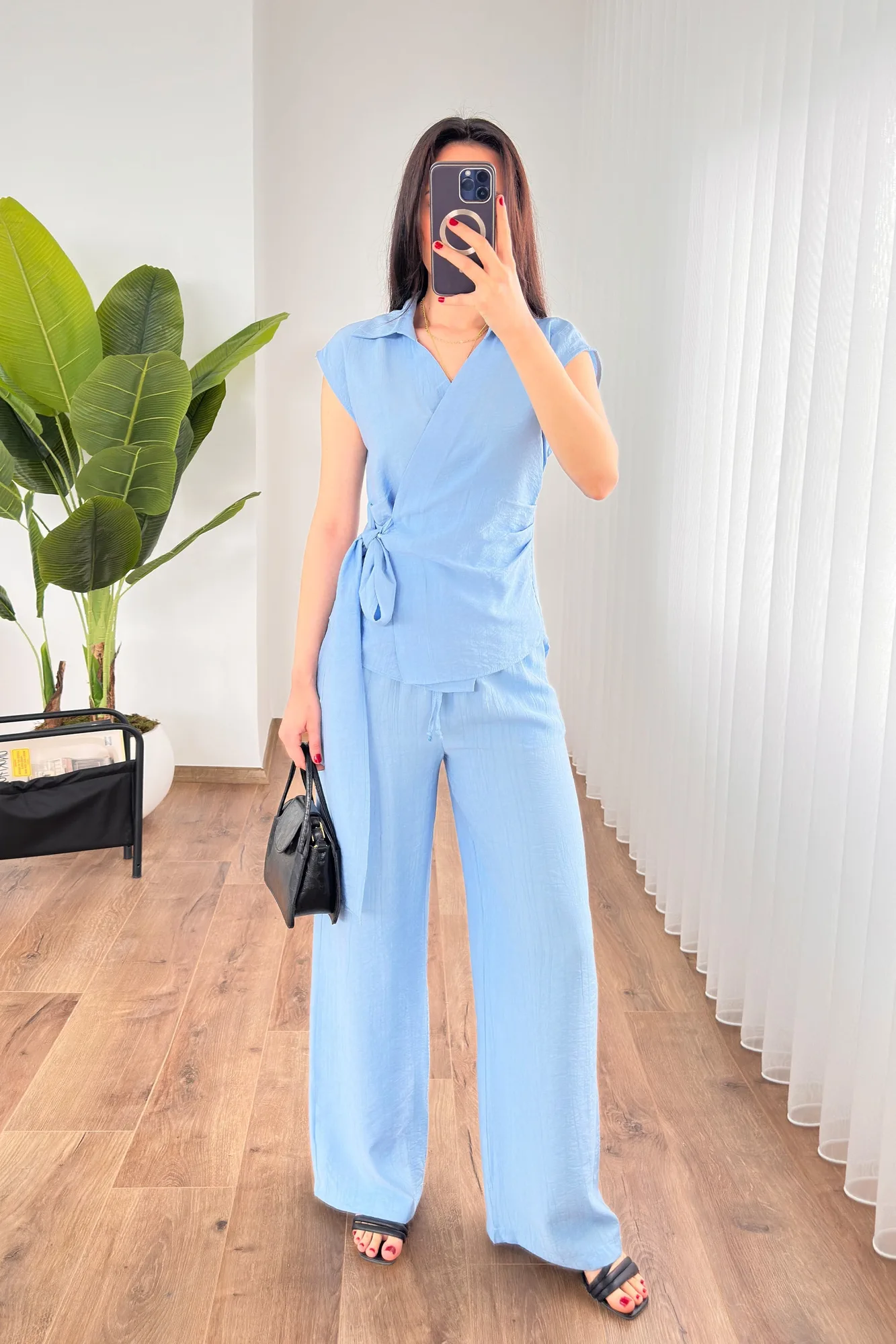 Beli Kuşak Bağlamalı Bluz Pantolon Toptan Bebe Mavi Takım - Bebe Mavi – Bebe Mavisi, S