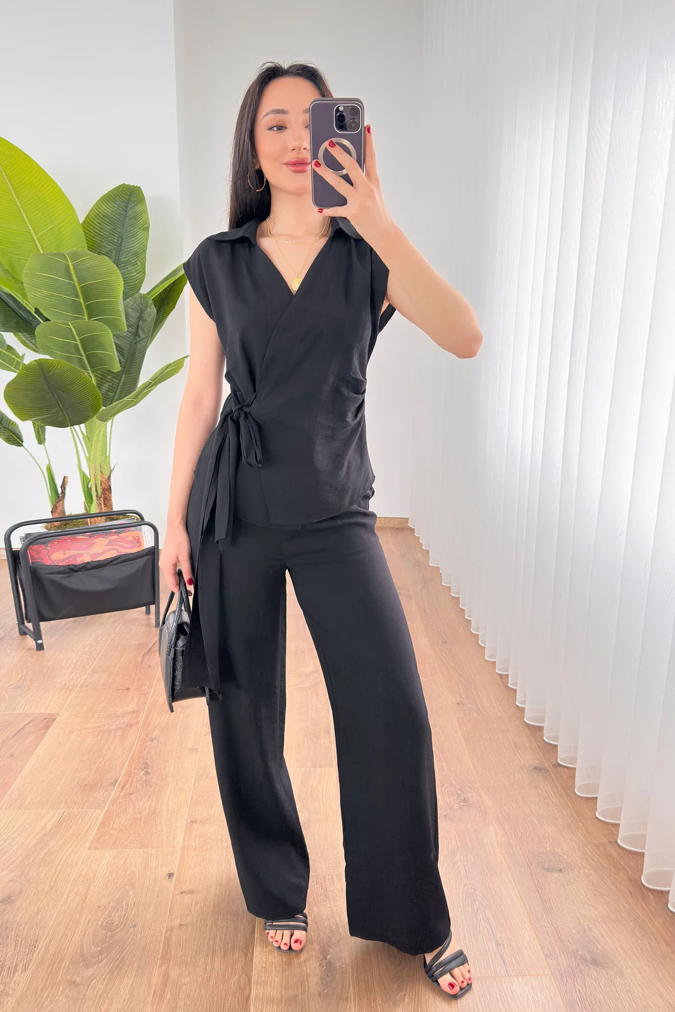Beli Kuşak Bağlamalı Bluz Pantolon Toptan Siyah Takım - Siyah – Siyah, S