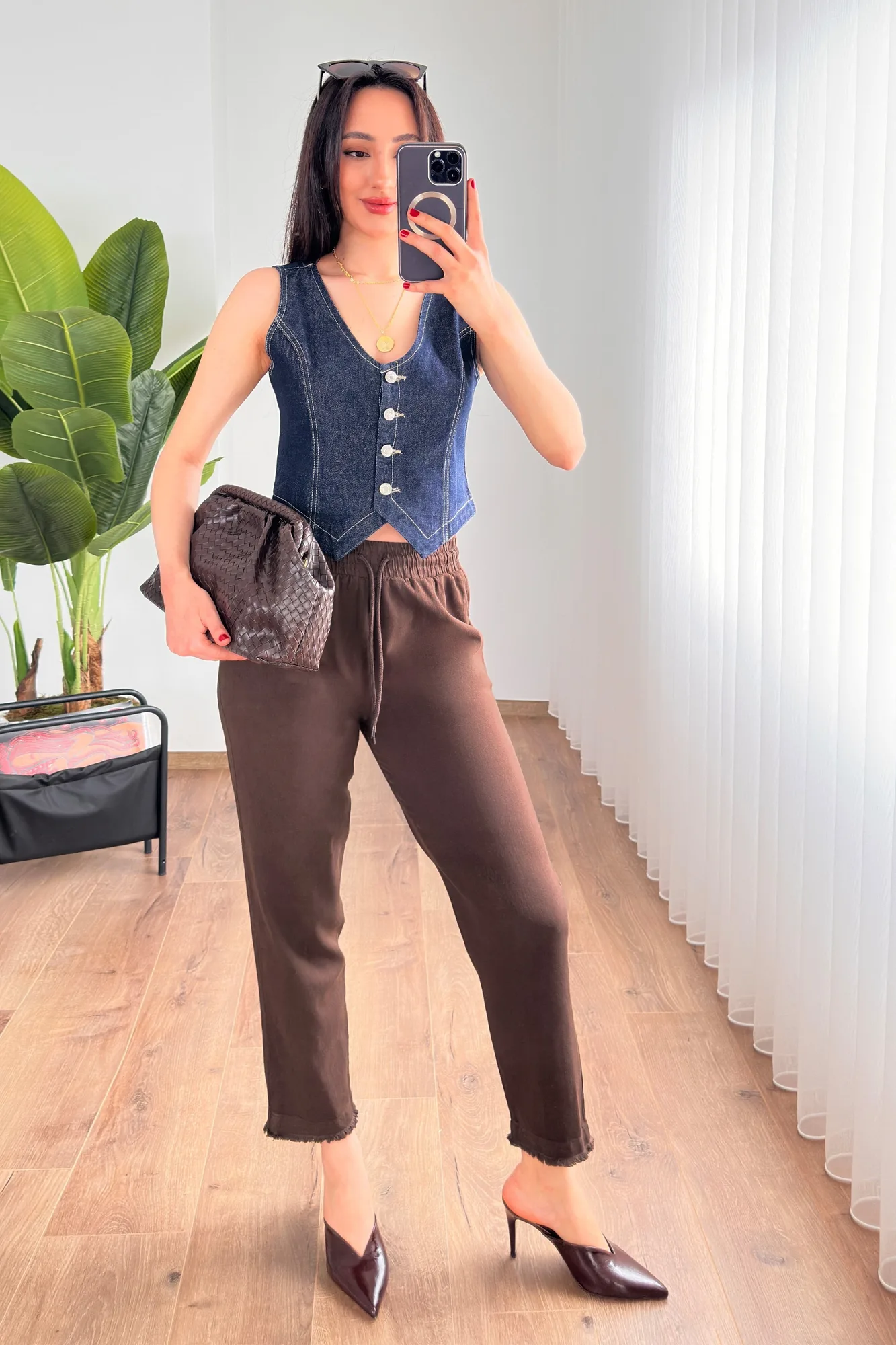 Paça Detaylı Belden Bağlamalı Toptan Kahve Pantolon - Kahverengi – Kahve, S