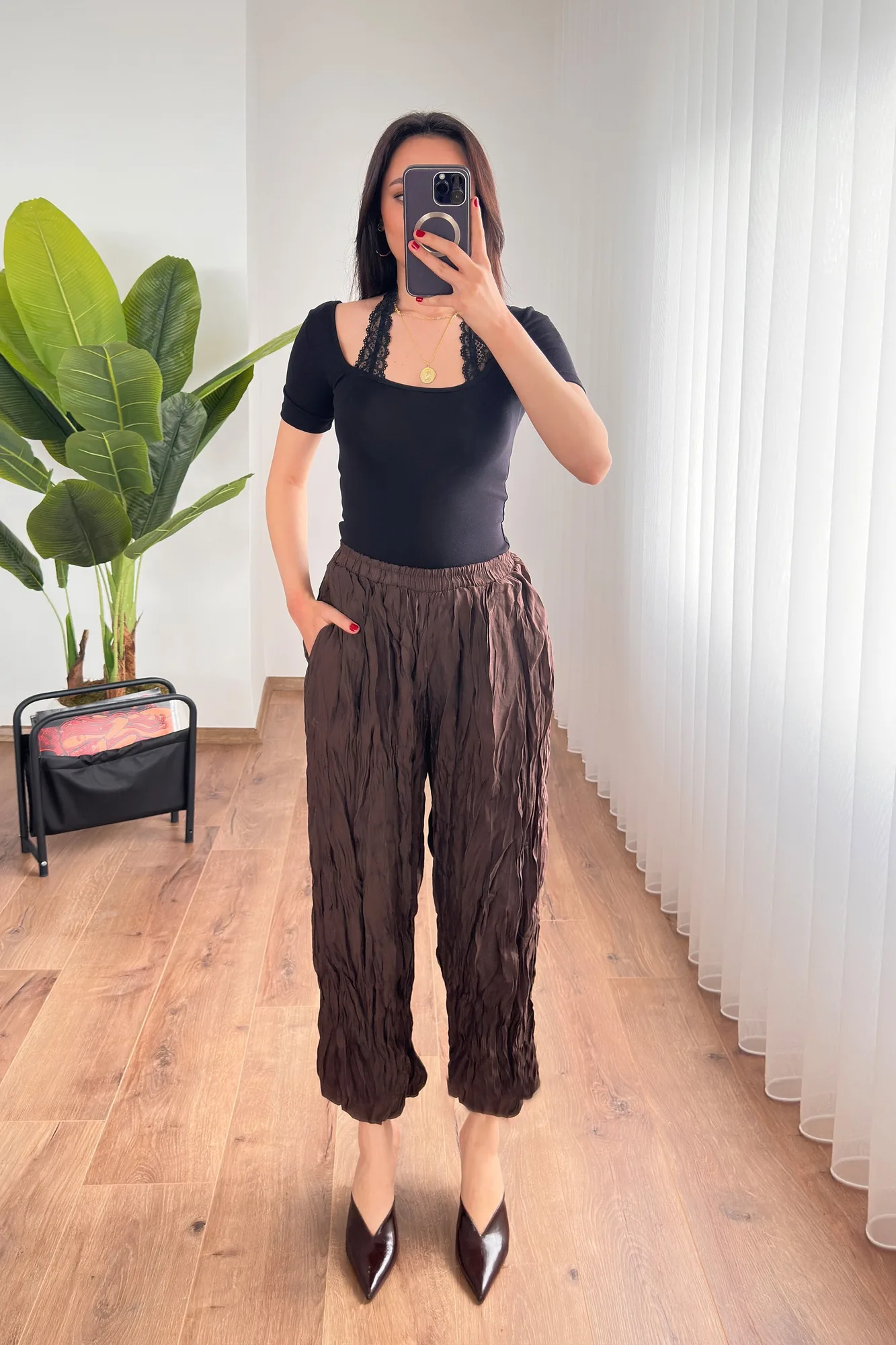 Kırışık Kumaş Toptan Kahve Şalvar Pantolon - Kahverengi – Kahve, S