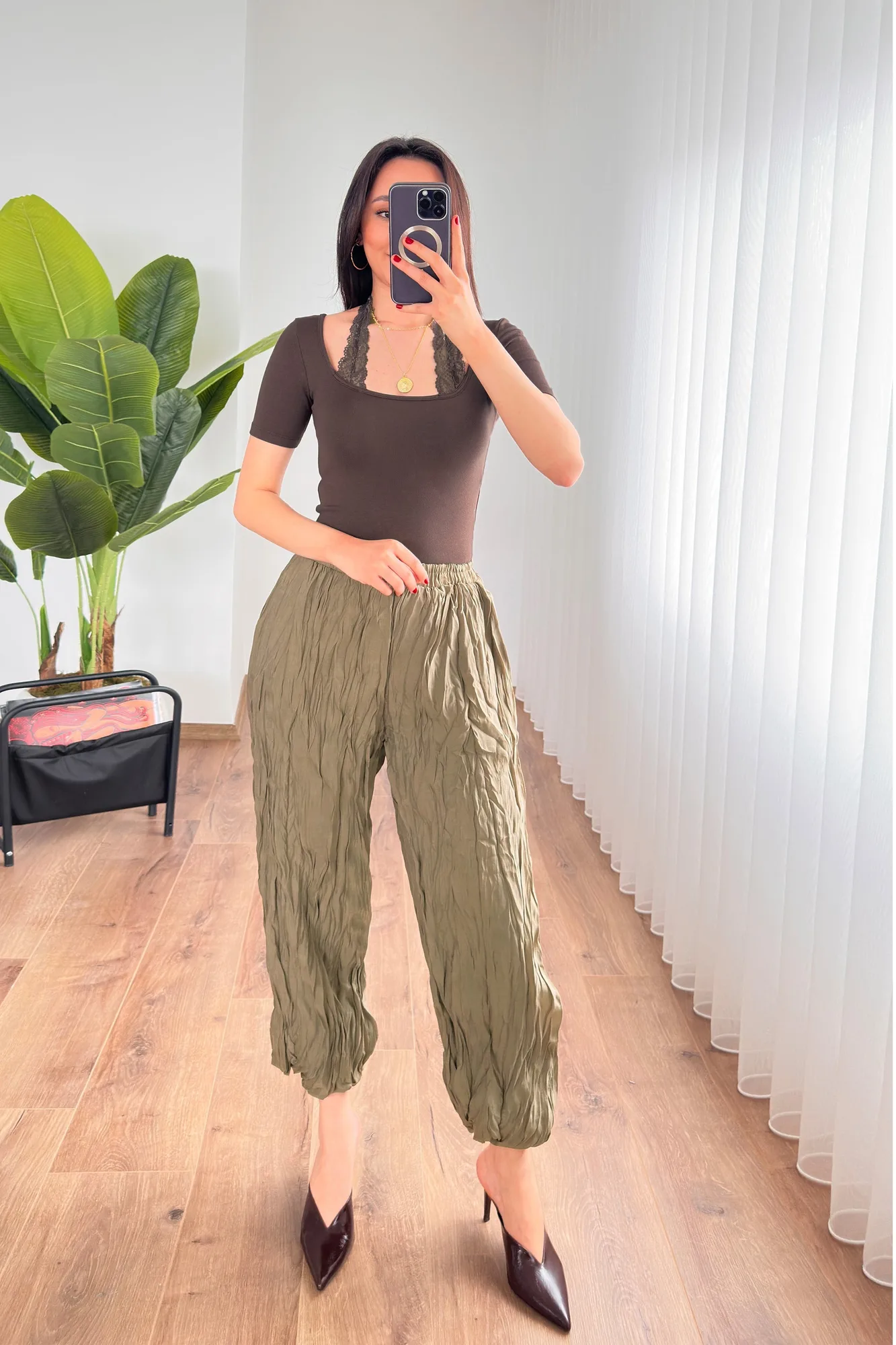 Kırışık Kumaş Toptan Haki Şalvar Pantolon - Haki – Haki, S