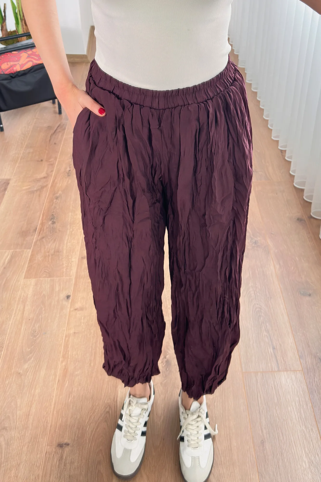 Kırışık Kumaş Toptan Mürdüm Şalvar Pantolon - Mürdüm – Mürdüm, S