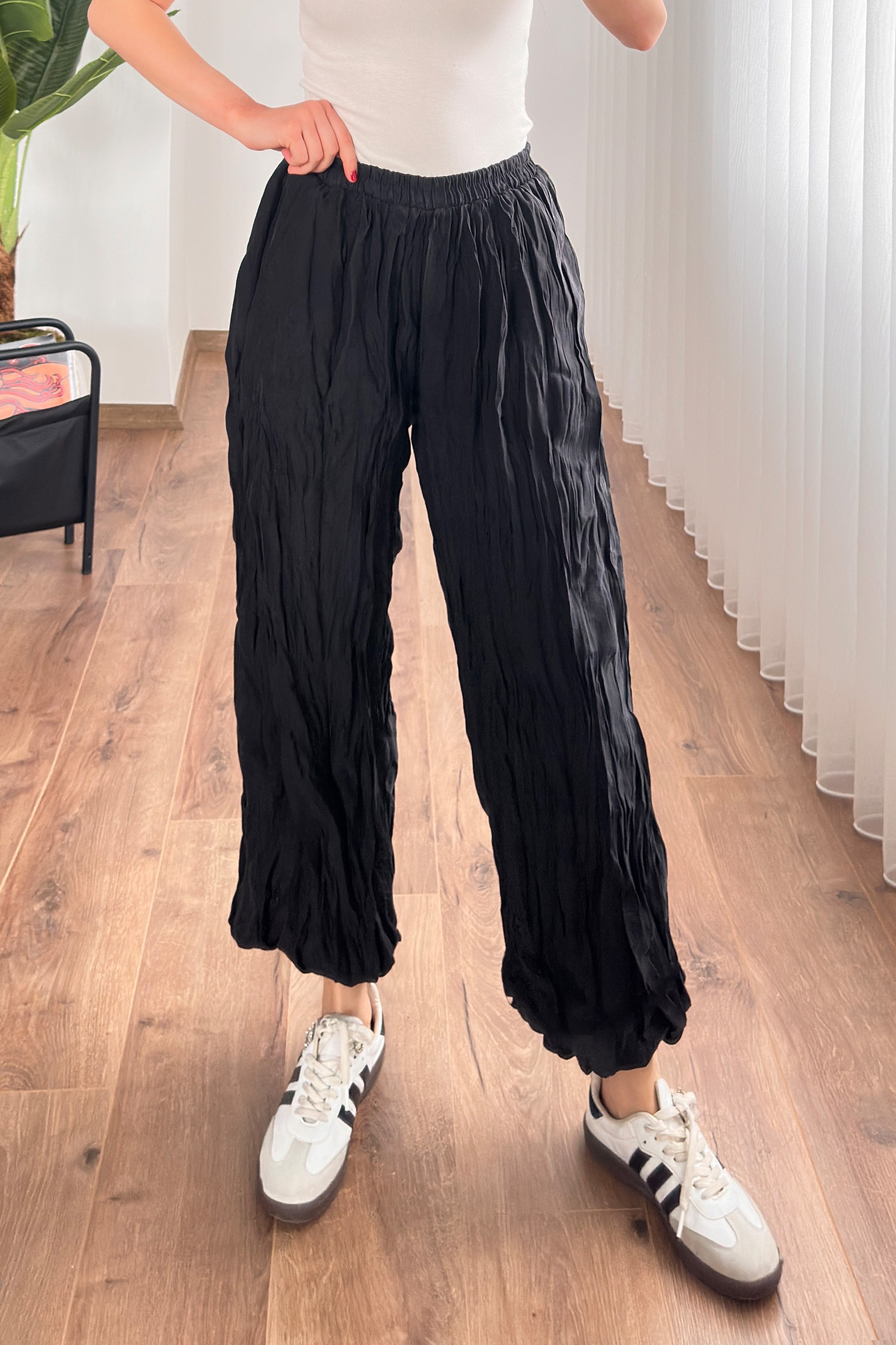 Kırışık Kumaş Toptan Siyah Şalvar Pantolon - Siyah – Siyah, S