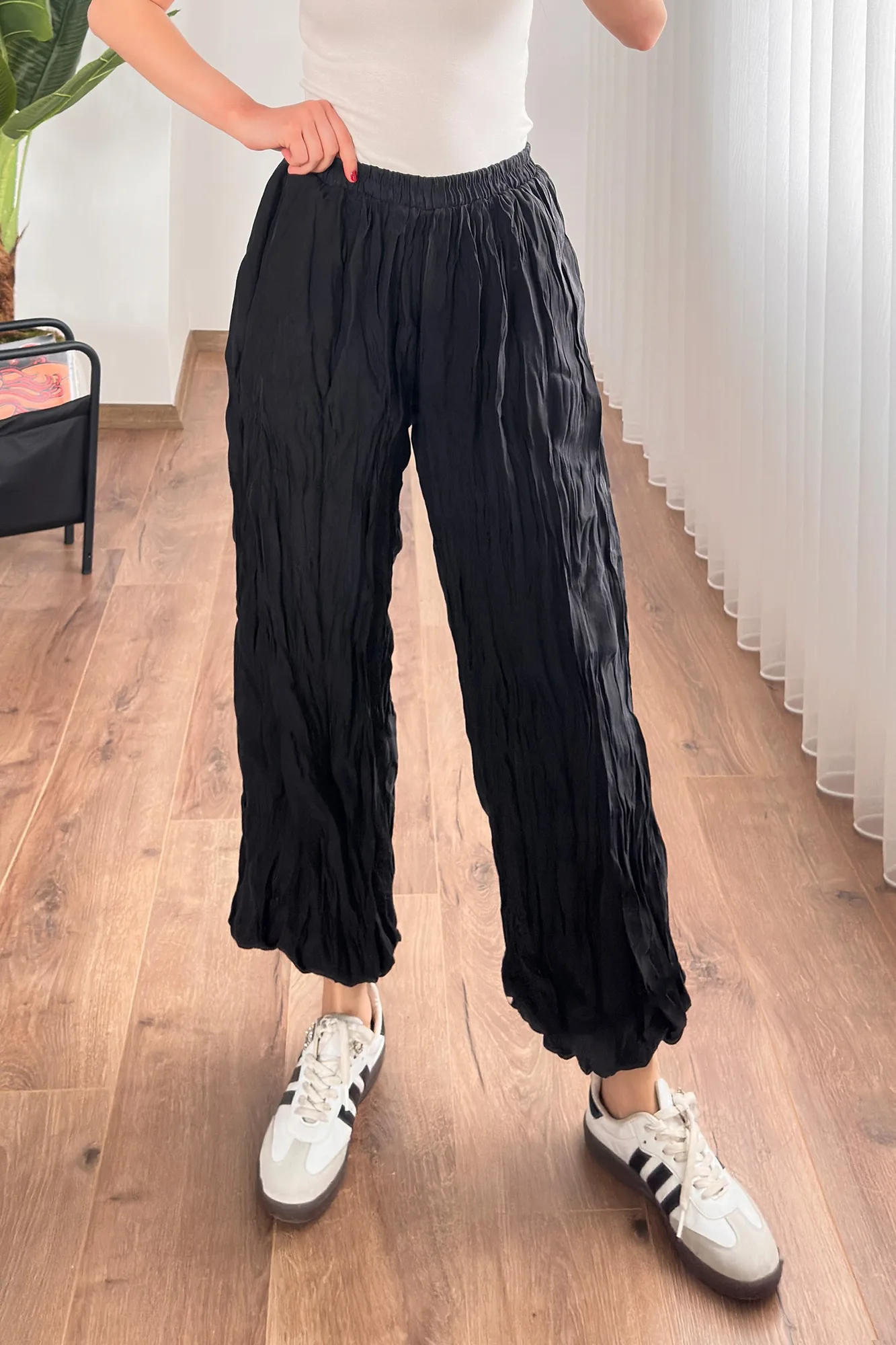 Kırışık Kumaş Toptan Siyah Şalvar Pantolon - Siyah – Siyah, S