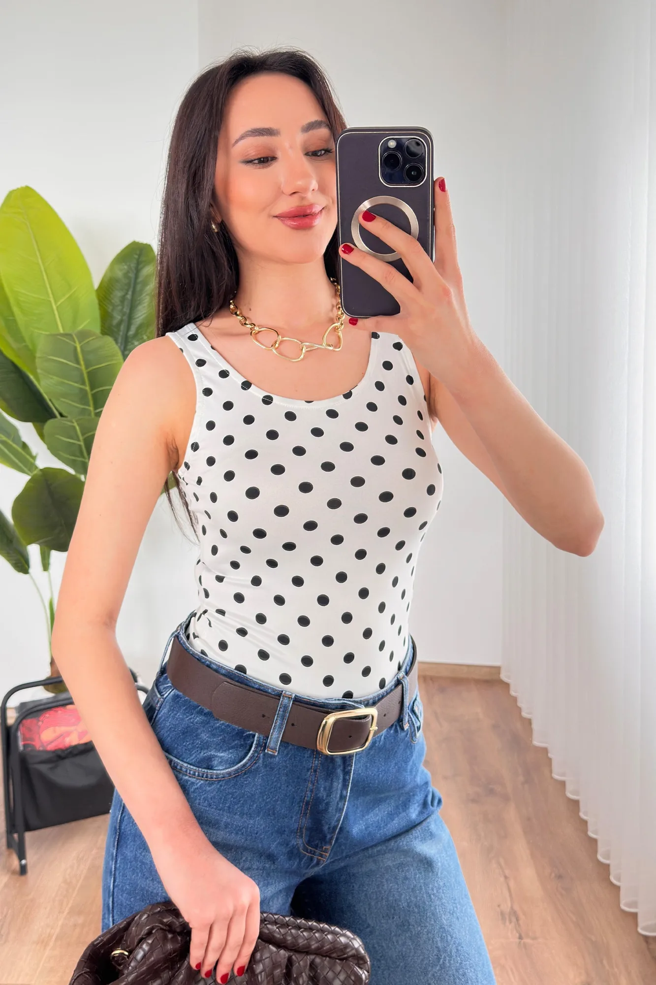Puantiyeli Bisiklet Yaka Toptan Beyaz Atlet Bluz - Beyaz – Beyaz, S