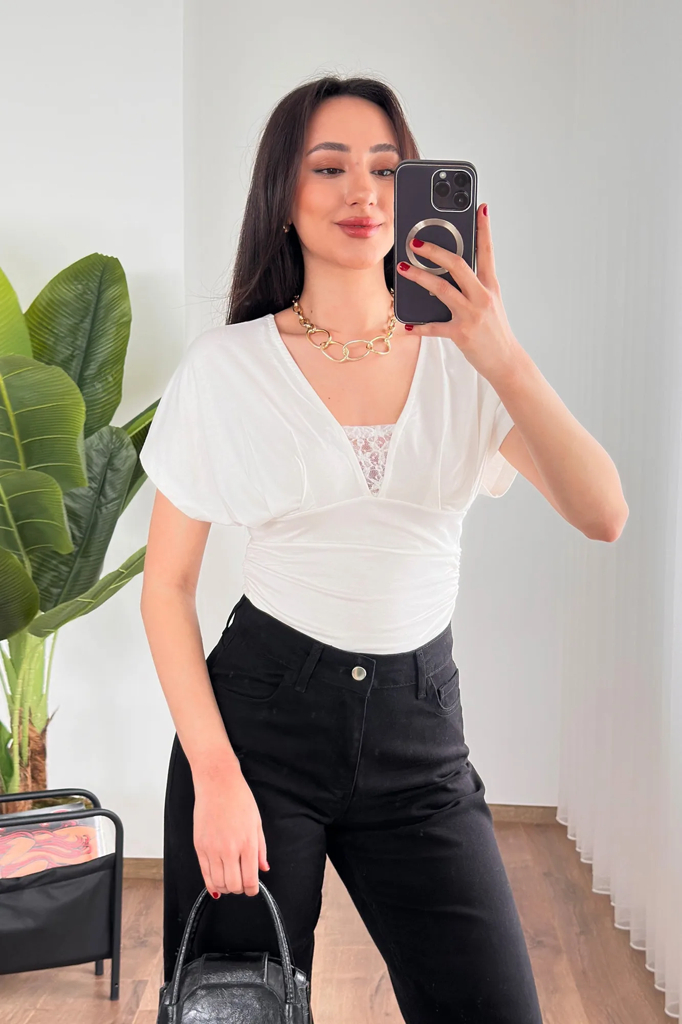 Dantel Detaylı Toptan Beyaz Bluz - Beyaz – Beyaz, S