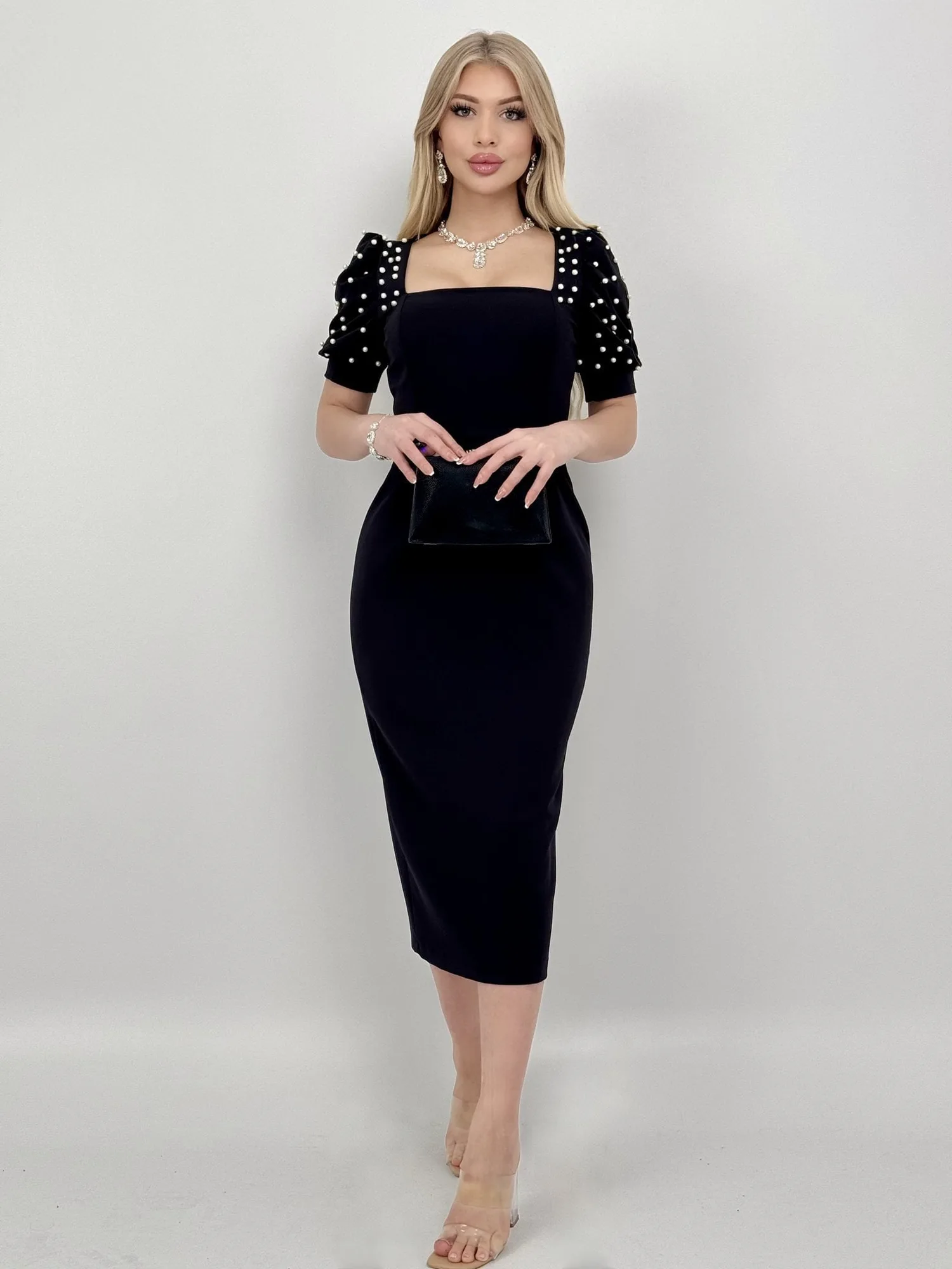4027 Pearl-Embellished Puff Sleeve Midi Dress - BLACK - SİYAH – Siyah, S