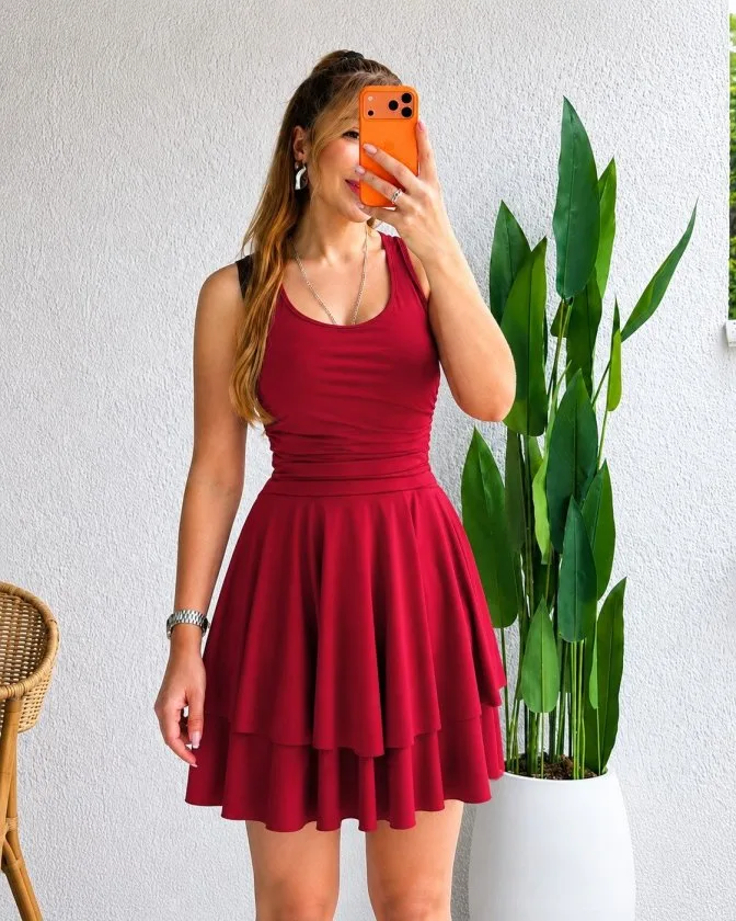 Kadın Askılı Yuvarlak Yakalı Fırfırlı Kısa Sandy Elbise, 34594 - Kırmızı – Kırmızı, 2XL-3XL
