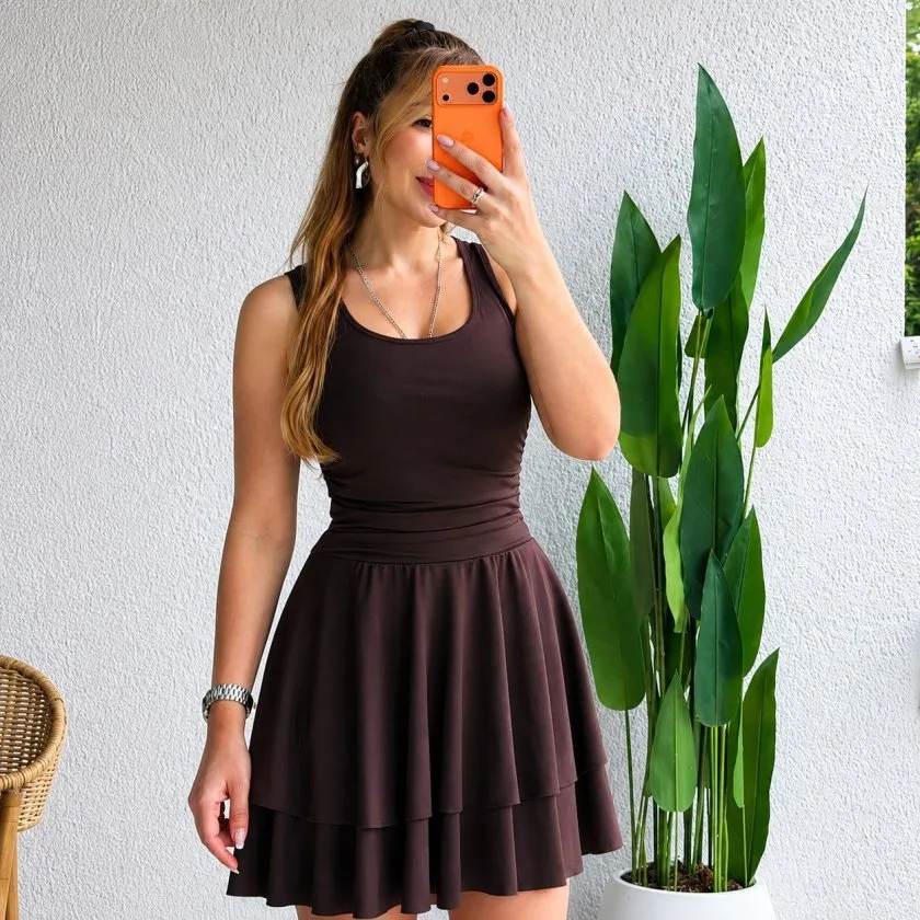 Kadın Askılı Yuvarlak Yakalı Fırfırlı Kısa Sandy Elbise, 34592 - Kahve – Kahve, L-XL