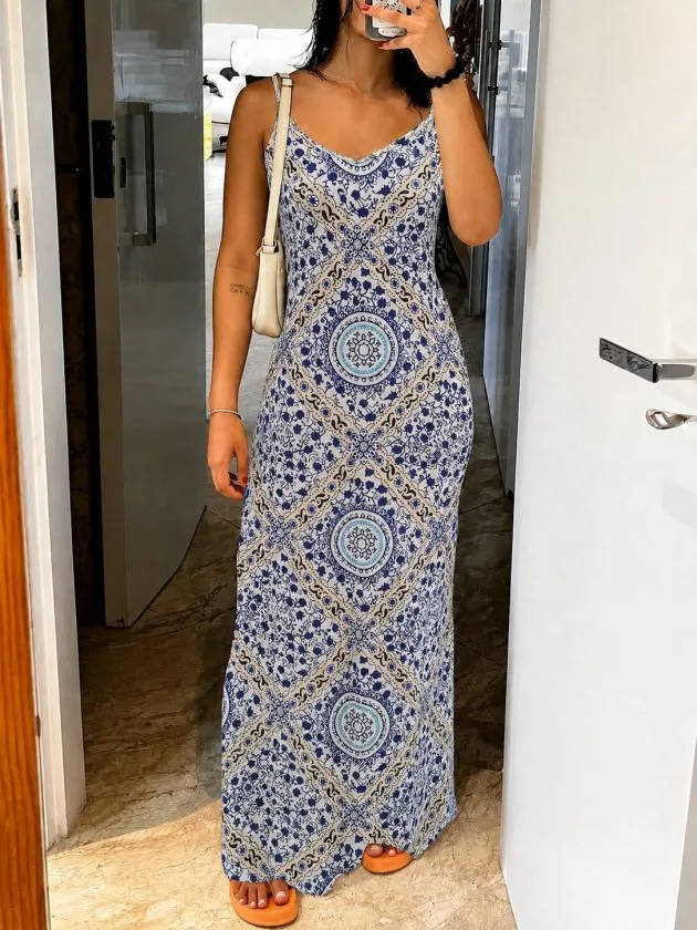 Kadın Ip Askılı V Yakalı Desenli Süprem Uzun Elbise, 34591 - Mavi – Mavi, 2XL-3XL