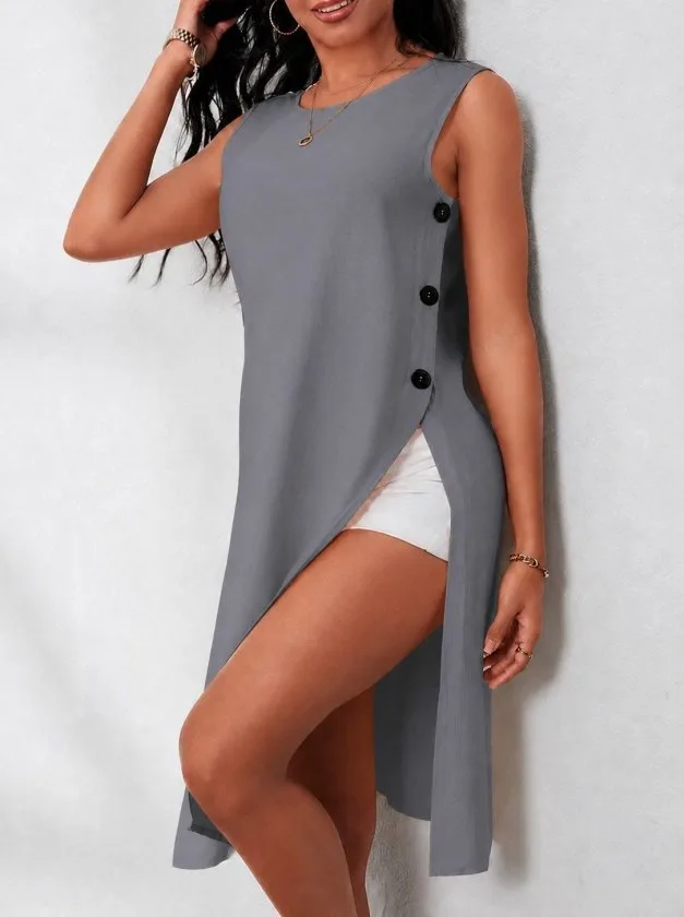 Kadın Askılı Yuvarlak Yakalı Yanlardan Düğmeli Kısa Elbise, 34584 - Gri – Gri, 2XL-3XL