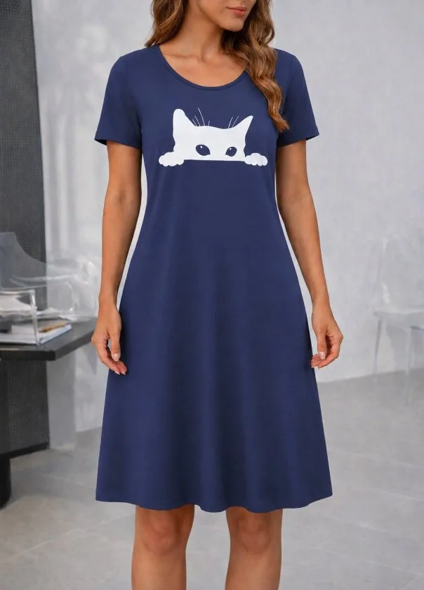 Kadın Kısa Kollu Bisiklet Yakalı Kedi Desenli Viskon Kısa Elbise, 34519 - Lacivert – Lacivert, 2XL-3XL