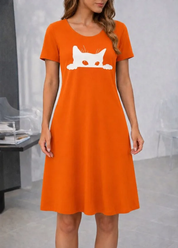Kadın Kısa Kollu Bisiklet Yakalı Kedi Desenli Viskon Kısa Elbise, 34517 - Turuncu – Turuncu, L-XL