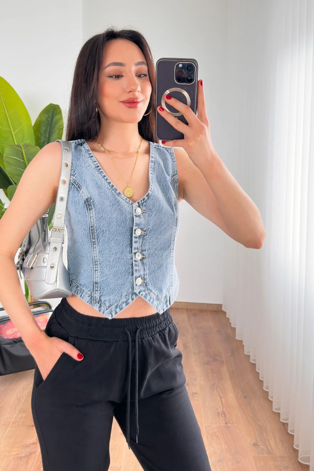 V Yaka Kot Mavii Denim Toptan Yelek - Kot Mavisi – Kot Mavisi, S
