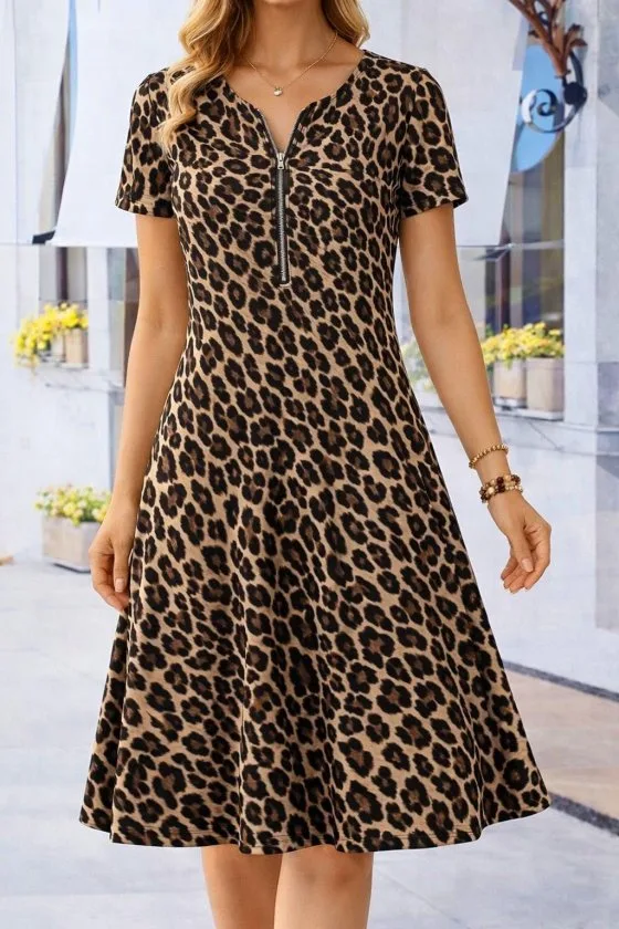 Kadın Kısa Kollu Yakası Fermuar Detaylı Leopar Desenli Midi Süprem Elbise, 34667 - Leopar – Leopar, S-M