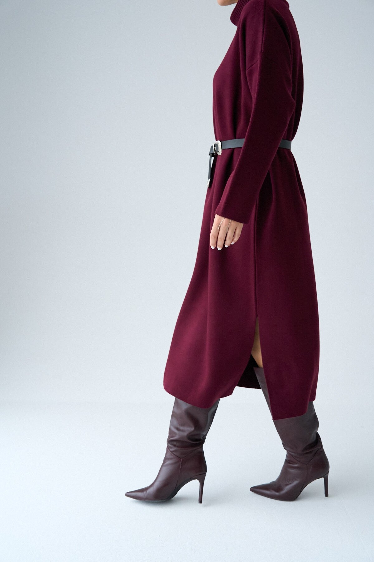 Bordo Balıkçı Yaka Kemerli Elbise