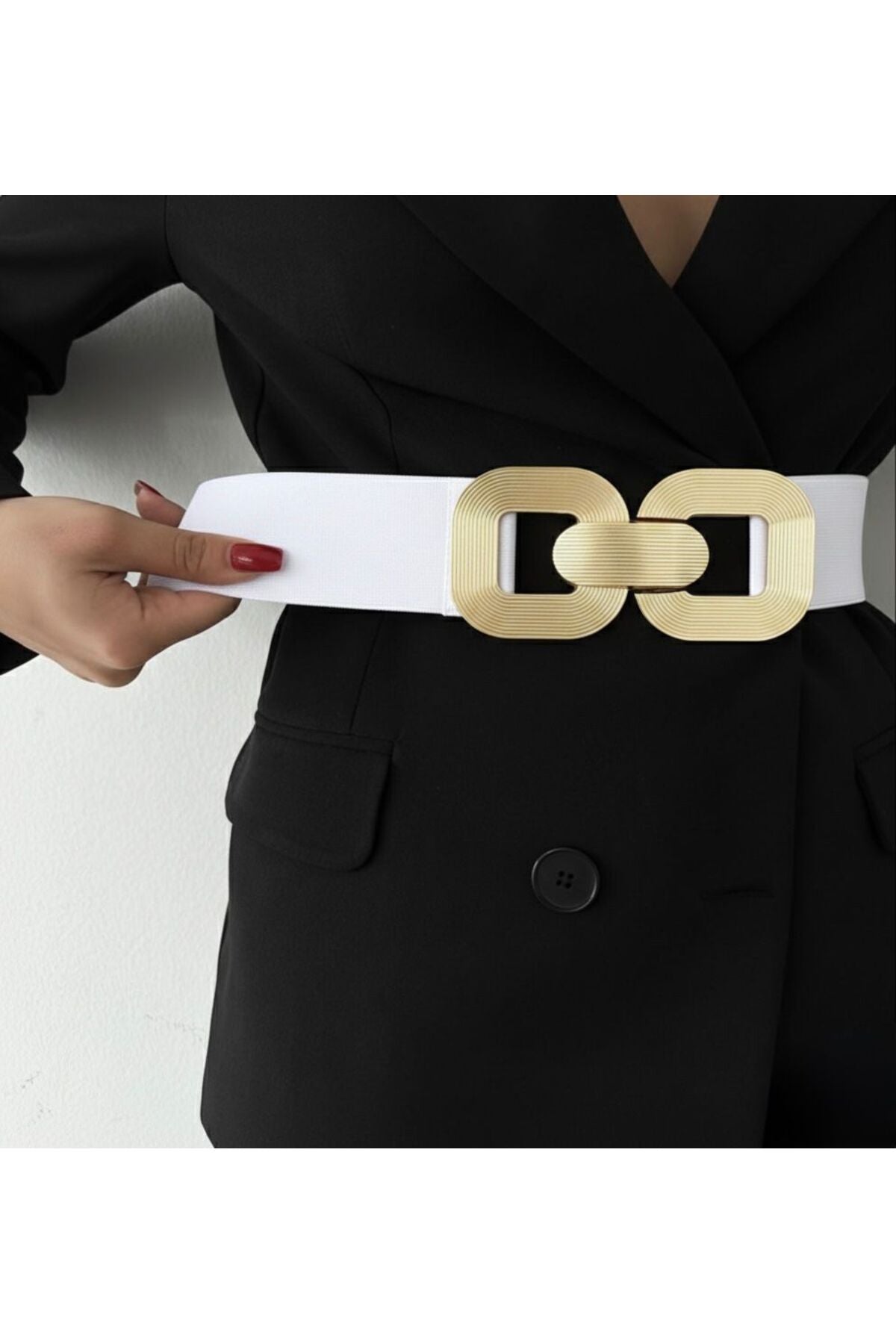 Gold Tokalı Geçmeli Elastik Kadın Kemeri, Ceket Kemeri, Gömlek Kemeri, Elbise Kemeri - Beyaz