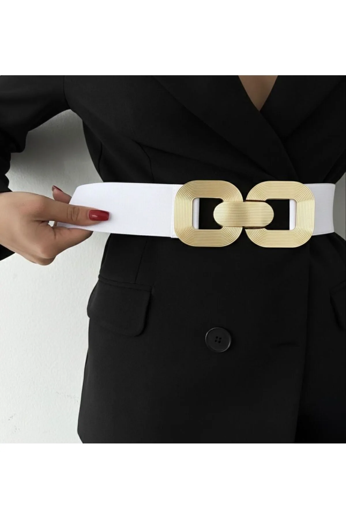 Gold Tokalı Geçmeli Elastik Kadın Kemeri, Ceket Kemeri, Gömlek Kemeri, Elbise Kemeri - Beyaz