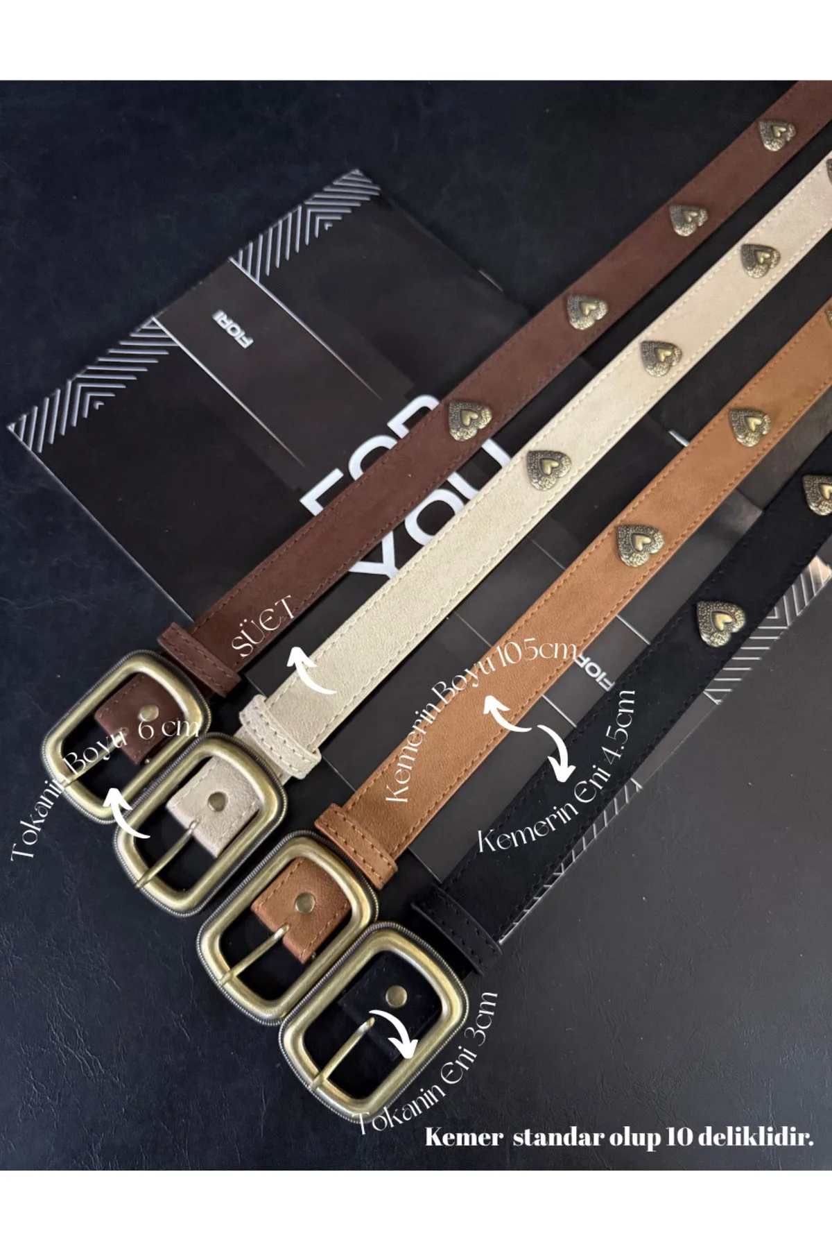 4'lü Süet Kare Tokalı Kalp Aksesuarlı Kadın Pantolon Kemeri, Ceket Kemeri, Gömlek Kemeri - Renkli-Antik