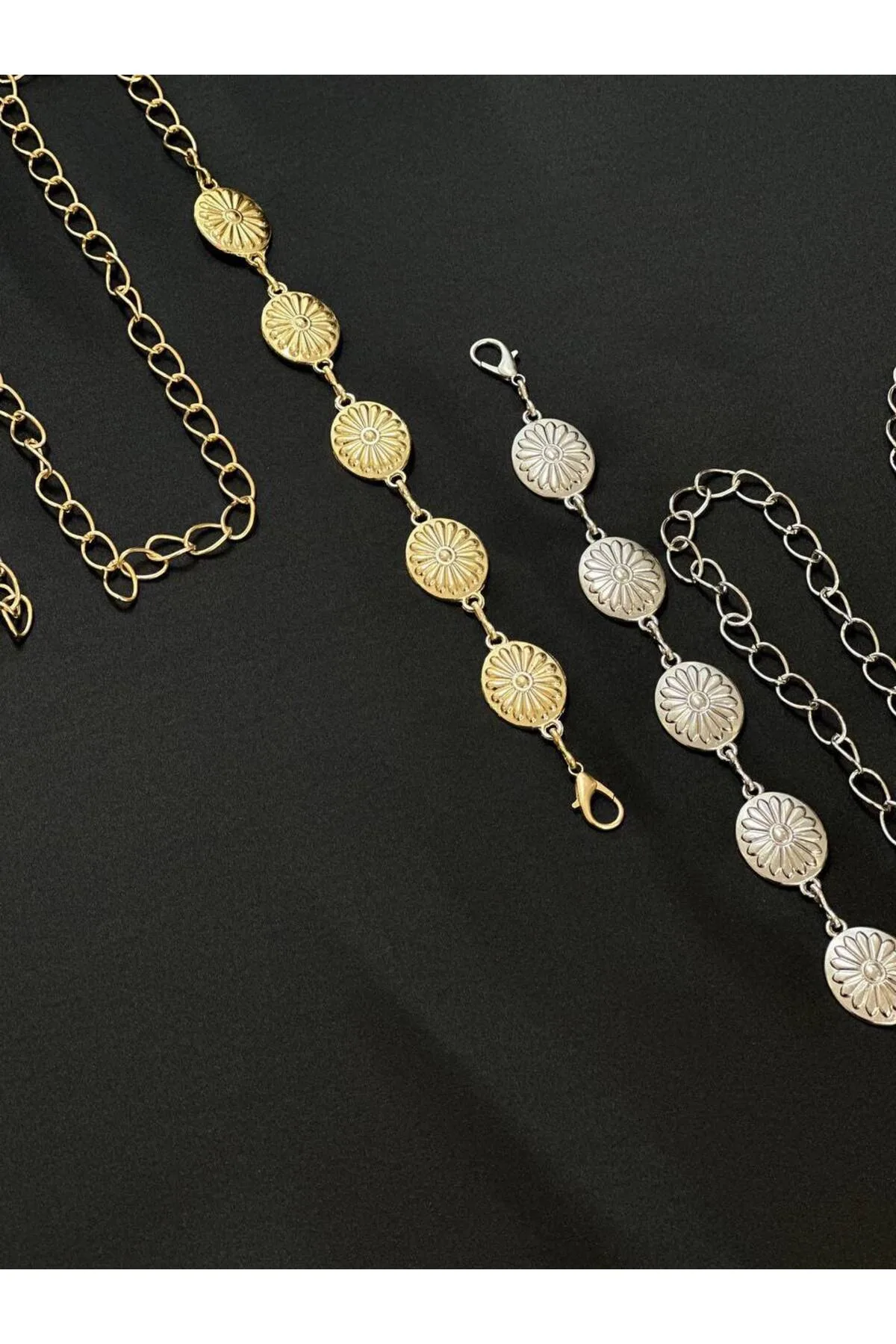 2'li Papatya Gold Gümüş Detaylı Kadın Bel Zinciri Bel Kemeri,Elbise Kemeri,Etek Kemeri - Sarı