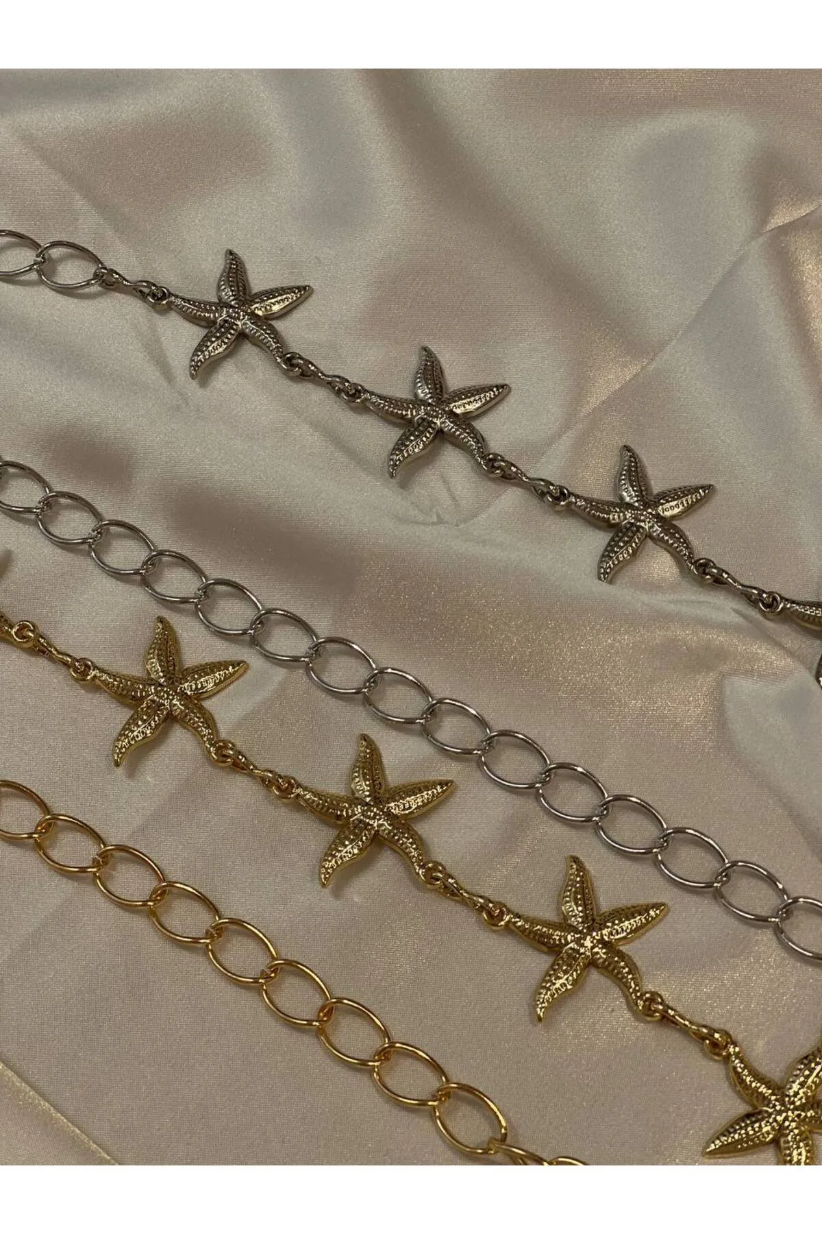 Yıldız Gold Ve Gümüş Detaylı Kadın Bel Zinciri Bel Kemeri,Elbise Kemeri,Etek Kemeri,Pantolon Kemeri - Gümüş-Gold