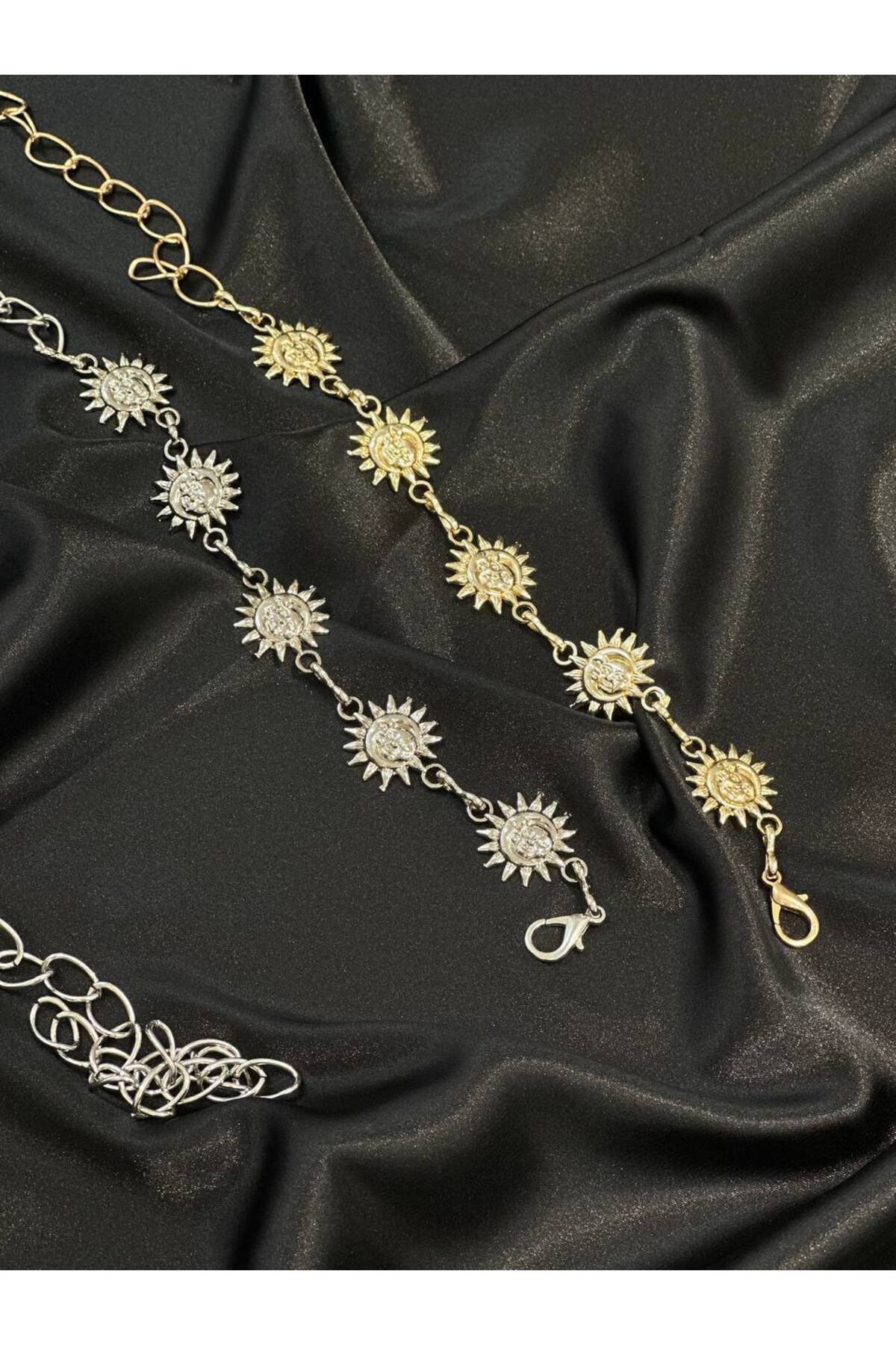 Güneş Gold Ve Gümüş Detaylı Kadın Bel Zinciri Bel Kemeri,Elbise Kemeri,Etek Kemeri,Pantolon Kemeri - Gold-Gümüş