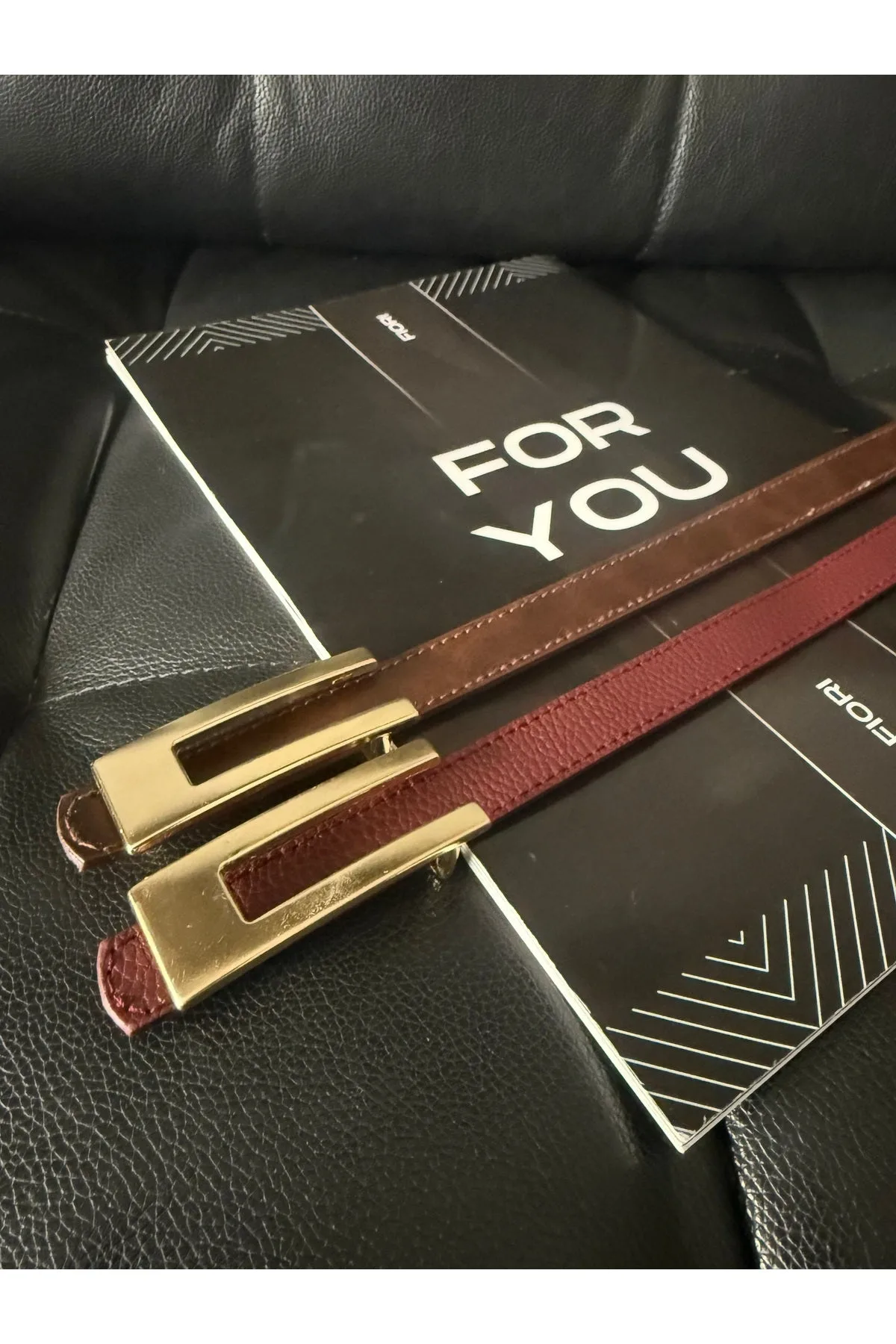 Tasarım Gold Tokalı Ince Kadın Kemeri, Ceket Kemeri, Gömlek Kemeri, Elbise Kemeri - Bordo-Kahve