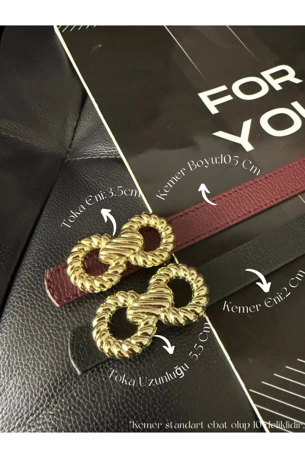 Burgu Gold Tokalı Ince Kadın Kemeri, Ceket Kemeri, Gömlek Kemeri, Elbise Kemeri - Bordo-Siyah