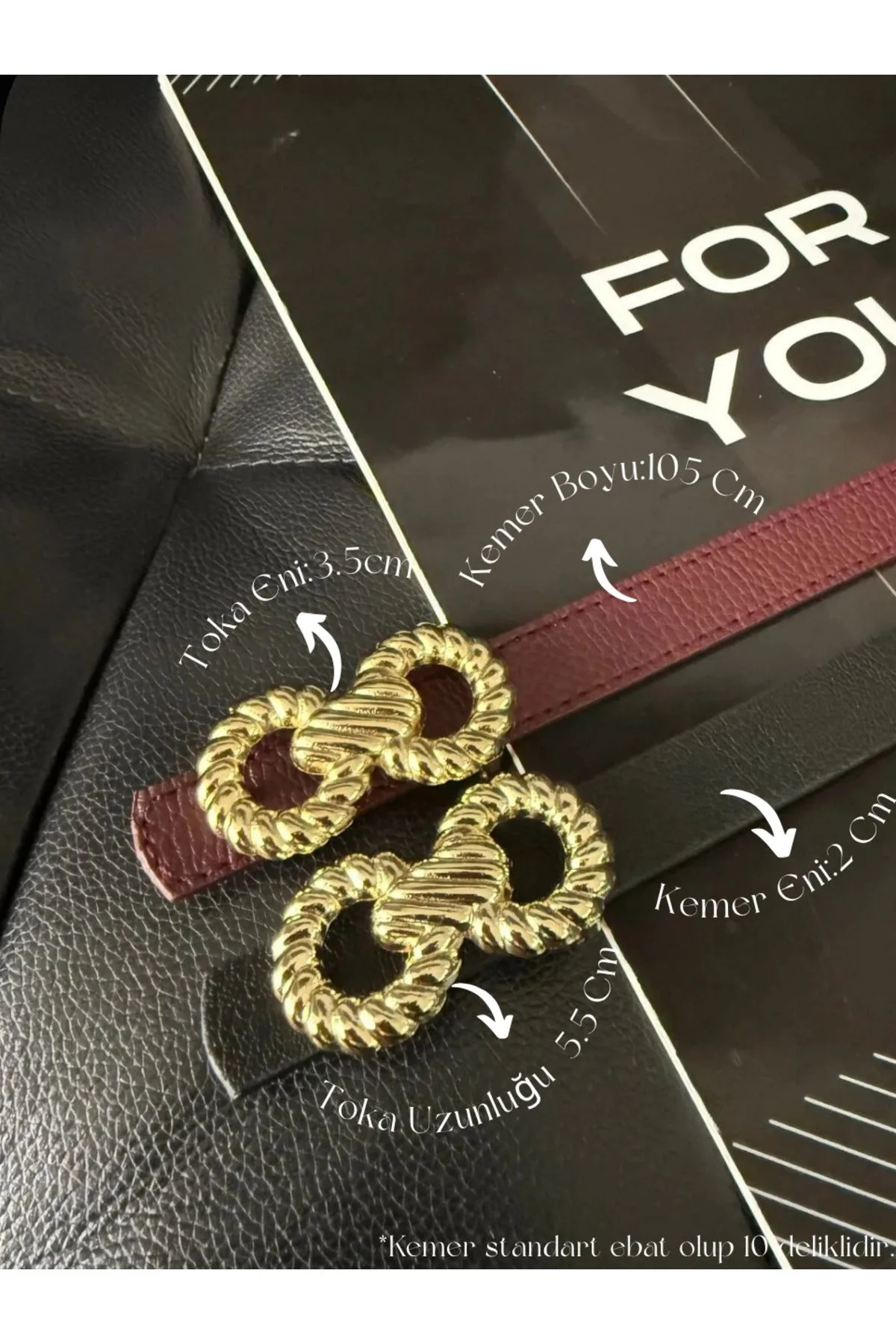 Burgu Gold Tokalı Ince Kadın Kemeri, Ceket Kemeri, Gömlek Kemeri, Elbise Kemeri - Bordo-Siyah