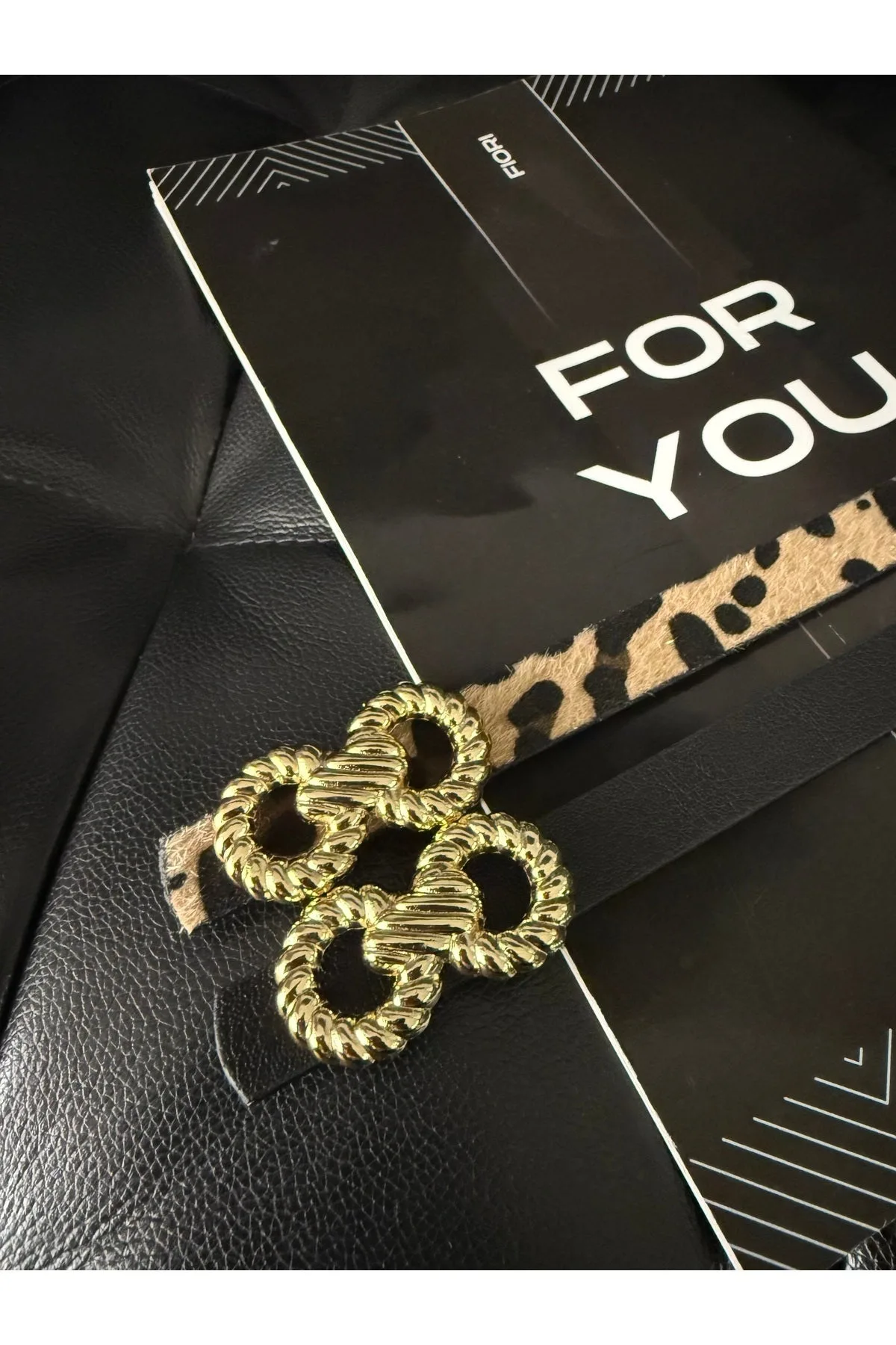 Burgu Gold Tokalı İnce Leopar Kadın Kemeri, Ceket Kemeri, Gömlek Kemeri, Elbise Kemeri - Siyah-Leopar