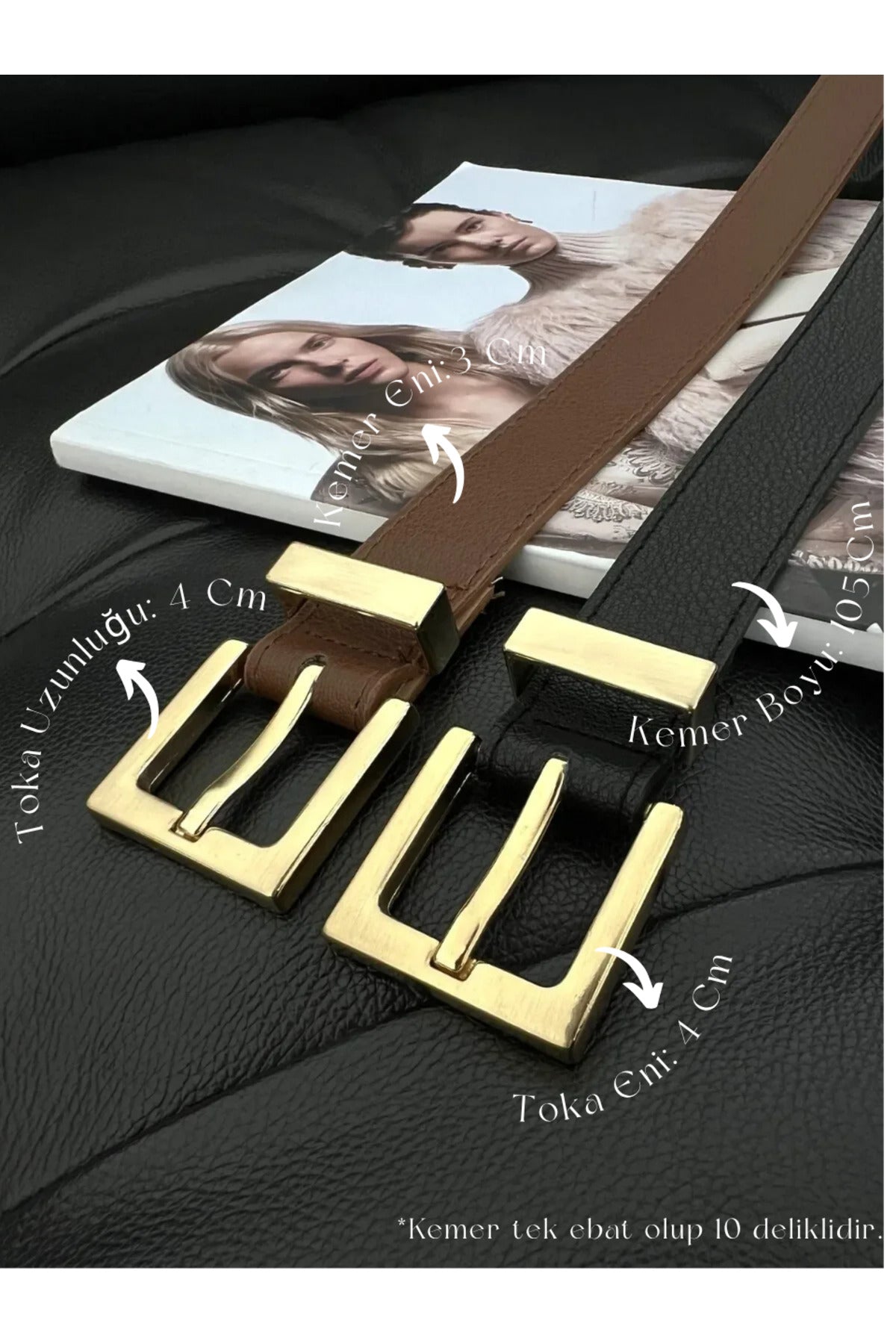 2'li Kare Tokalı Köprülü Kadın Kemeri, Pantolon Kemeri, Ceket Kemeri, Elbise Kemeri - Siyah&Taba-Gold
