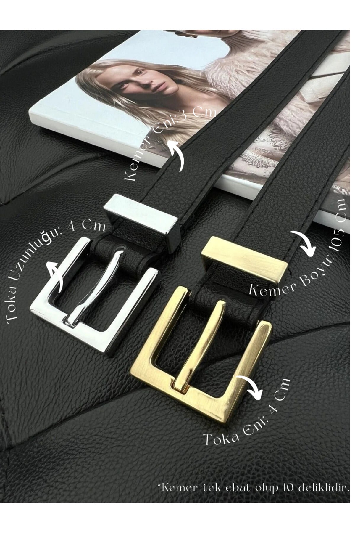 2'li Kare Tokalı Köprülü Kadın Kemeri, Pantolon Kemeri, Ceket Kemeri, Elbise Kemeri - Siyah-Gold&Gümüş