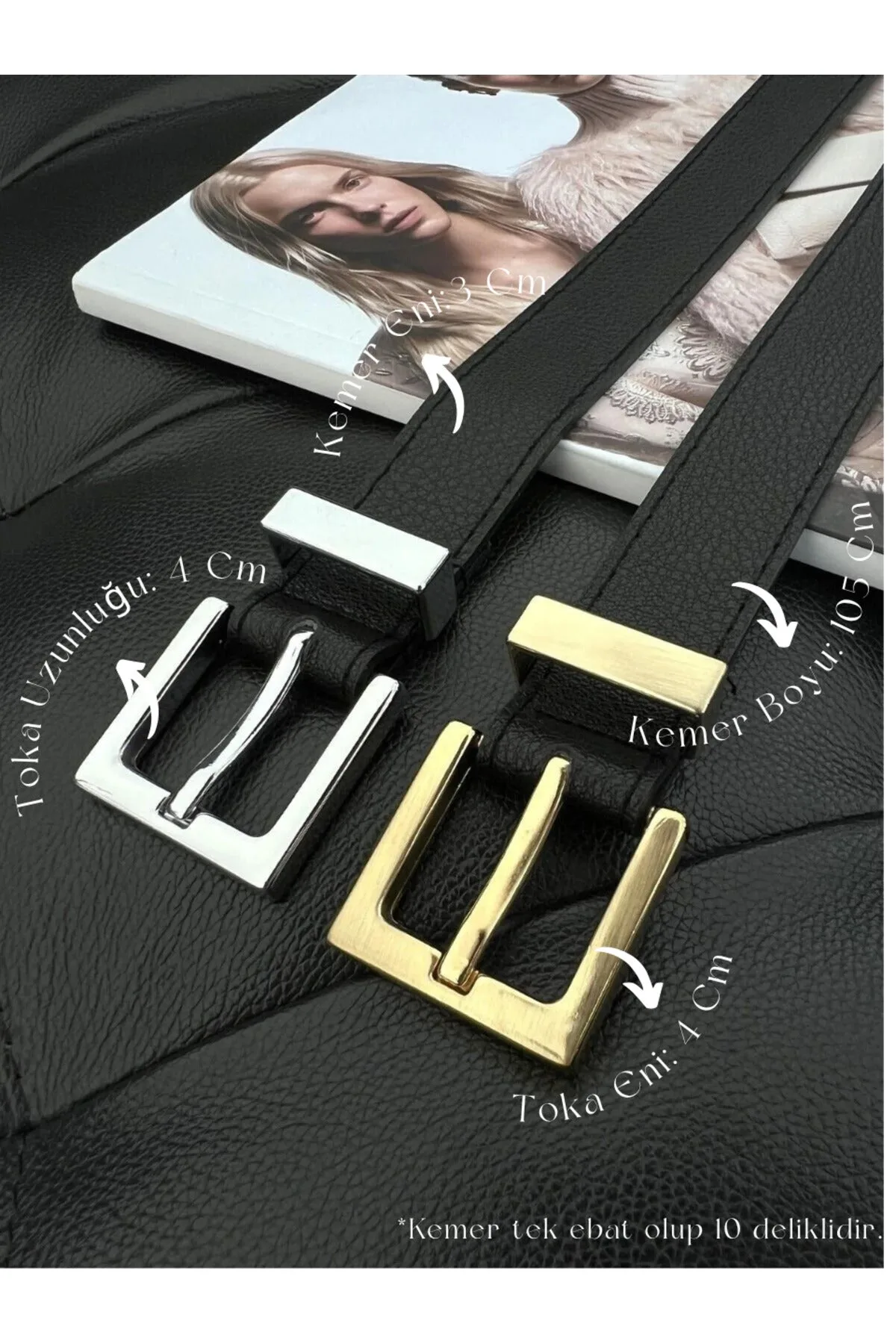 2'li Kare Tokalı Köprülü Kadın Kemeri, Pantolon Kemeri, Ceket Kemeri, Elbise Kemeri - Siyah-Gold&Gümüş