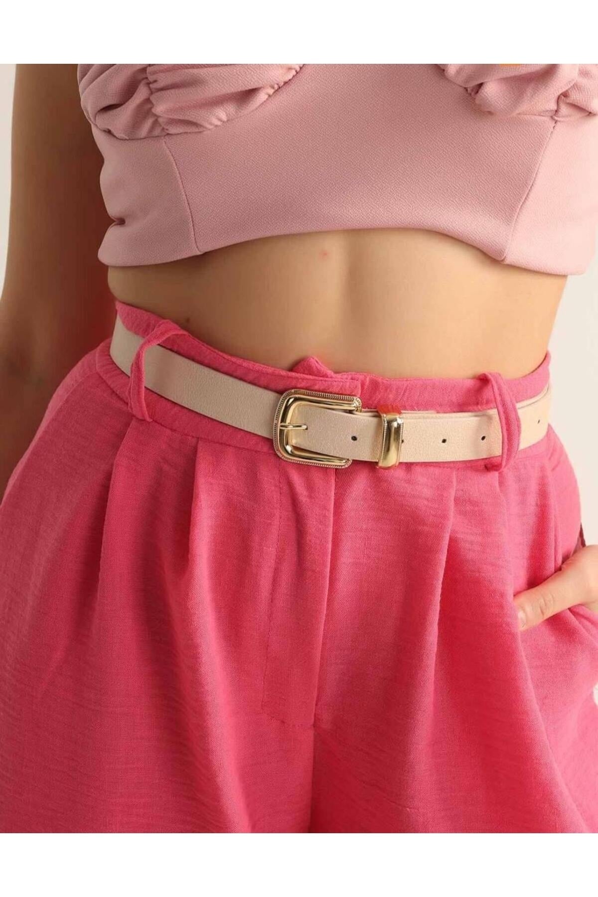 Altın Kaplama Kararmaz Kadın Pantolon Kemeri, Ceket Kemeri, Elbise Kemeri, Gömlek Kemeri - BEJ