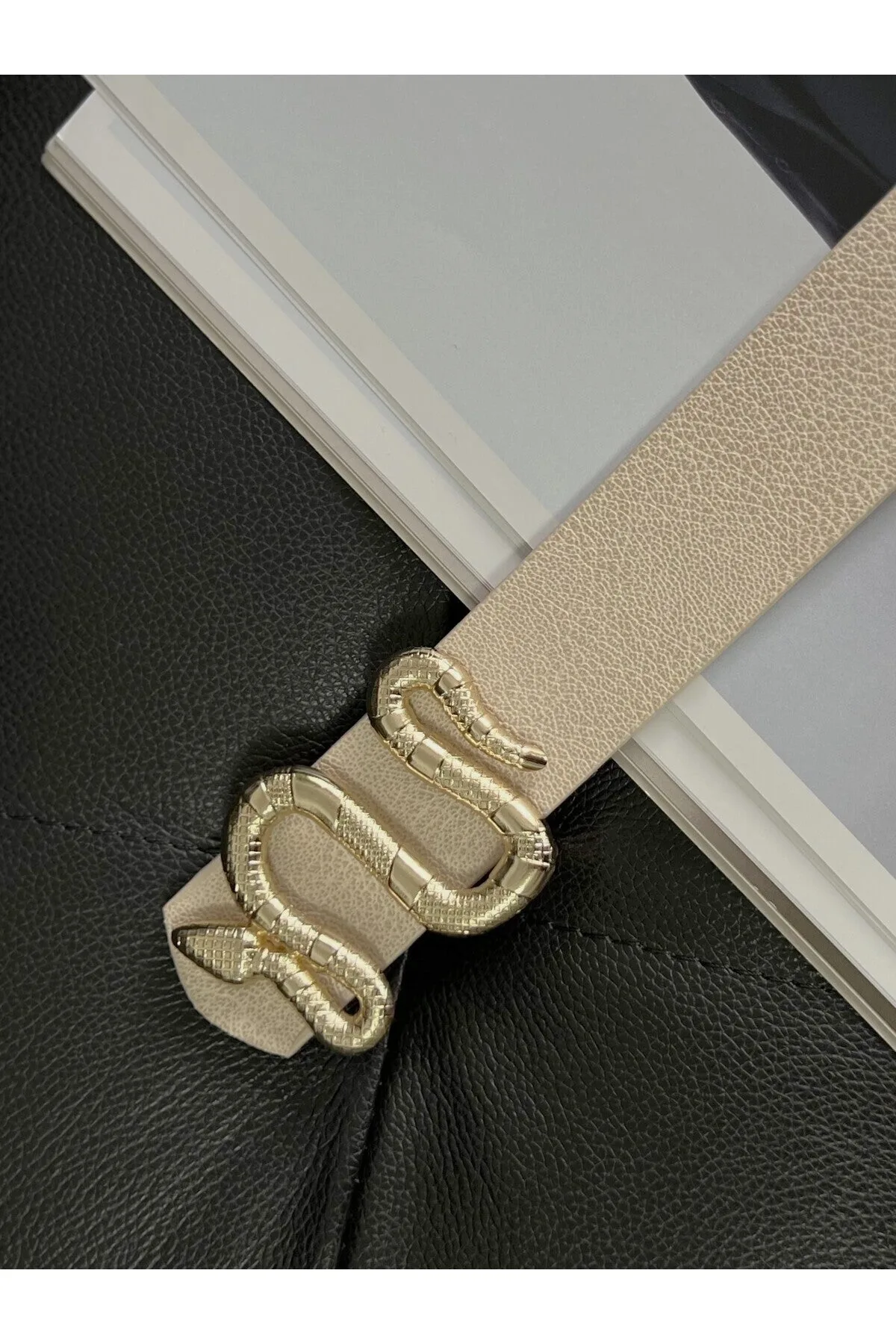 Yılan Tokalı Kadın Pantolon Kemeri, Ceket Kemeri, Elbise Kemeri, Gömlek Kemeri - BEJ-GOLD
