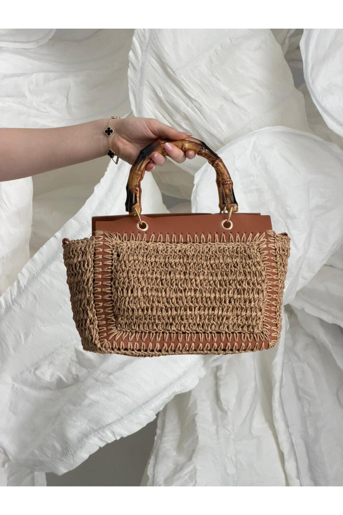 Bambu Saplı Camel Hasır Çanta CNT1115 - CNT1115-Camel