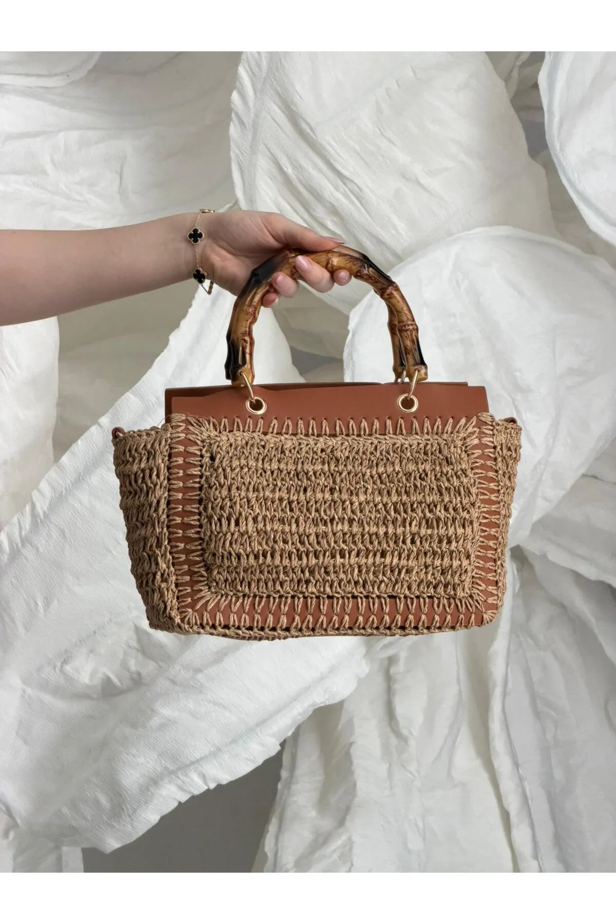 Bambu Saplı Camel Hasır Çanta CNT1115 - CNT1115-Camel