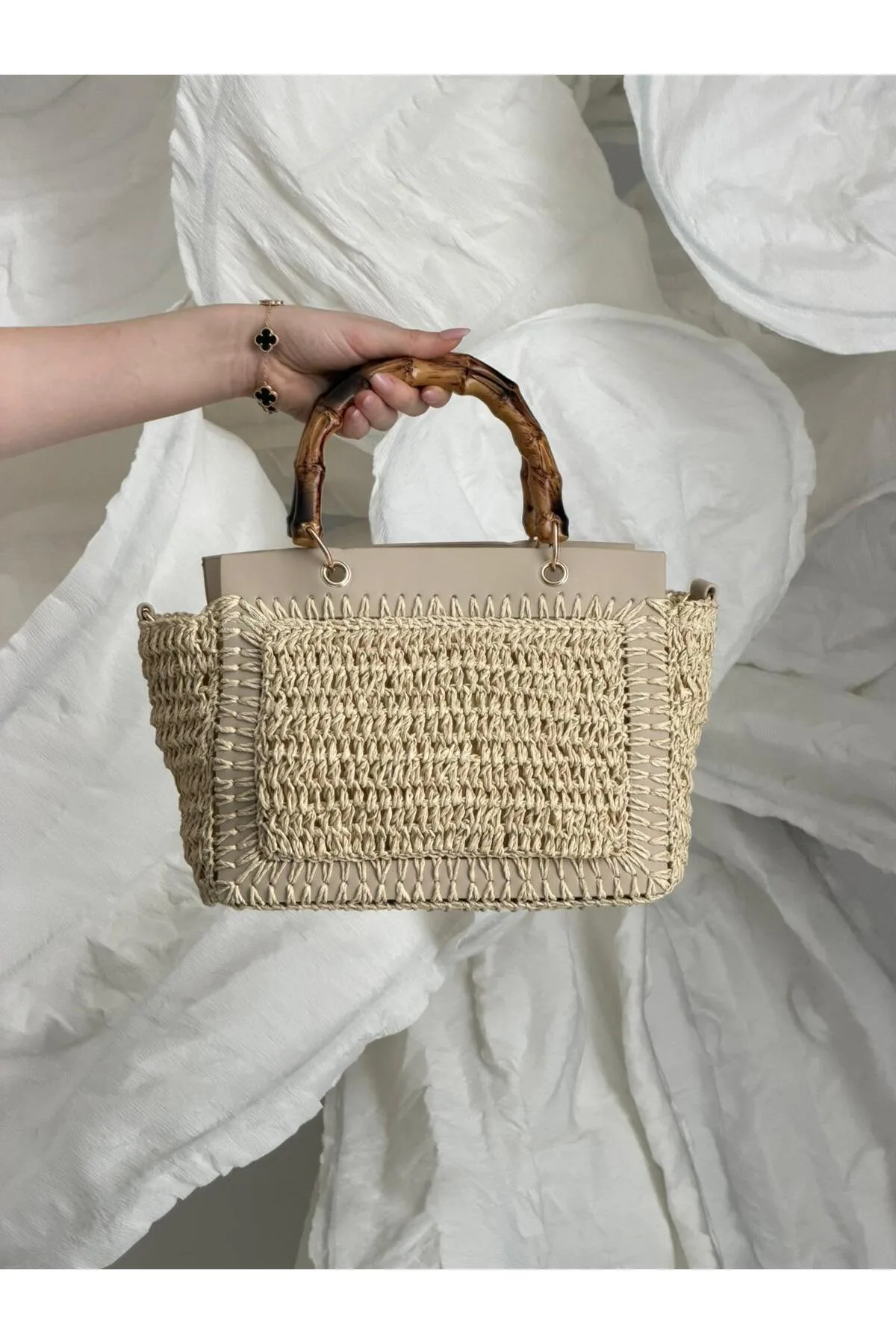 Bambu Saplı Bej Hasır Çanta CNT1115 - CNT1115-Bej